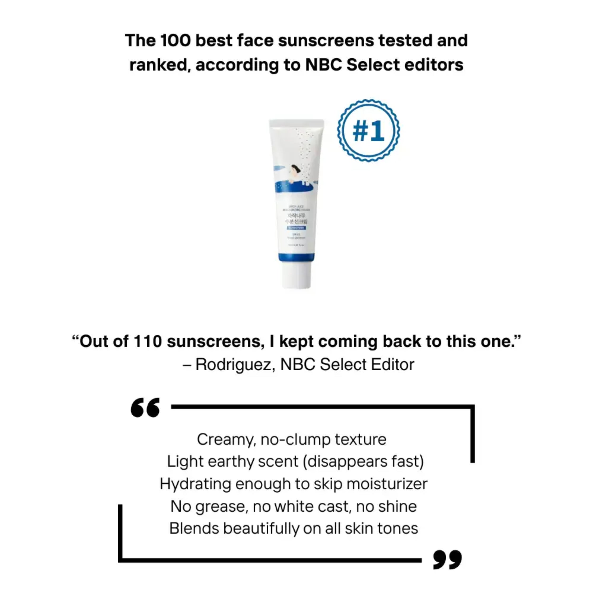 Tube of sunscreen with text about its ranking and features on a white background