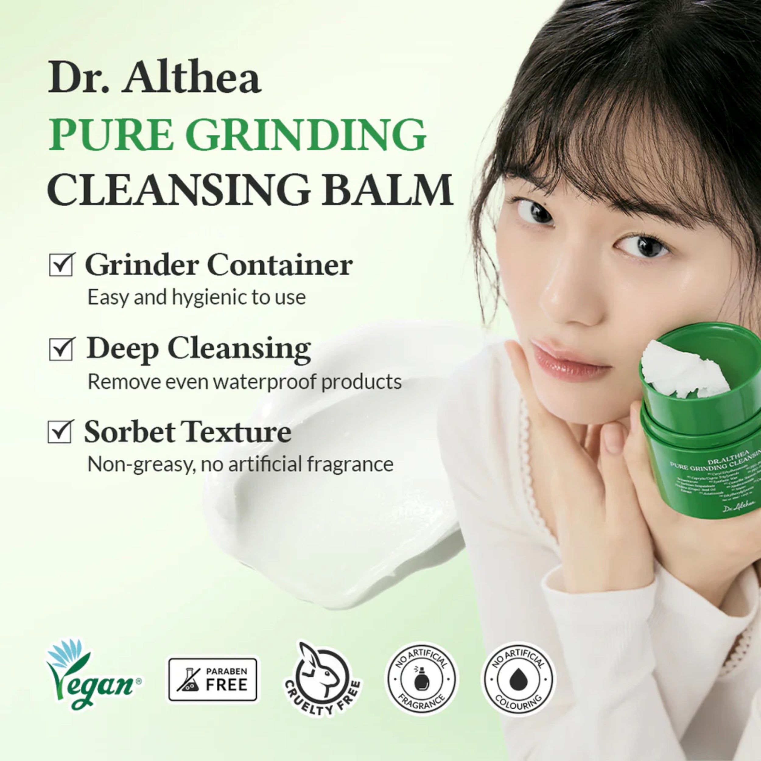 Dr. Althea Pure Grinding Cleansing Balm advertisement with a woman holding the product.