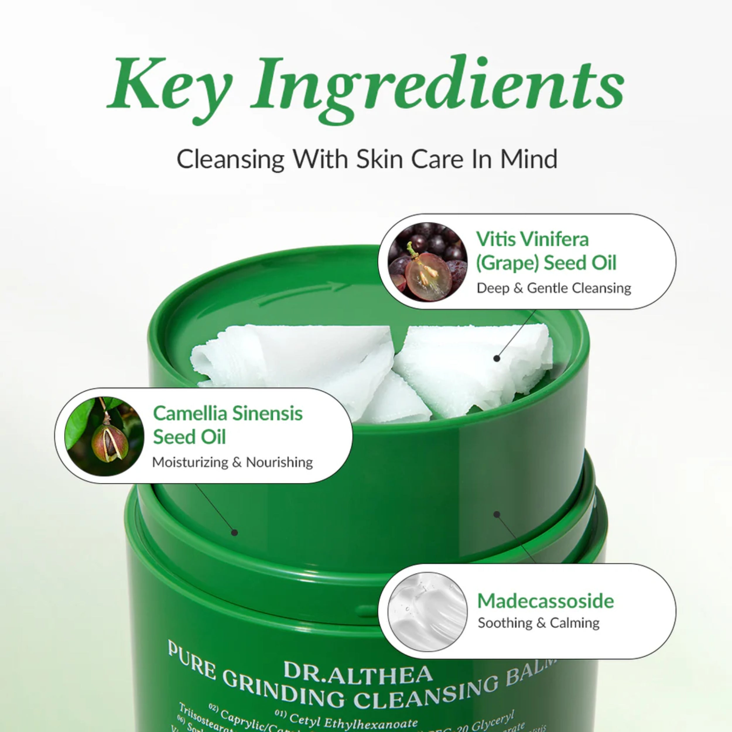 Green jar of Dr. Althea pure grinding cleansing balm with key ingredients highlighted on a white background.