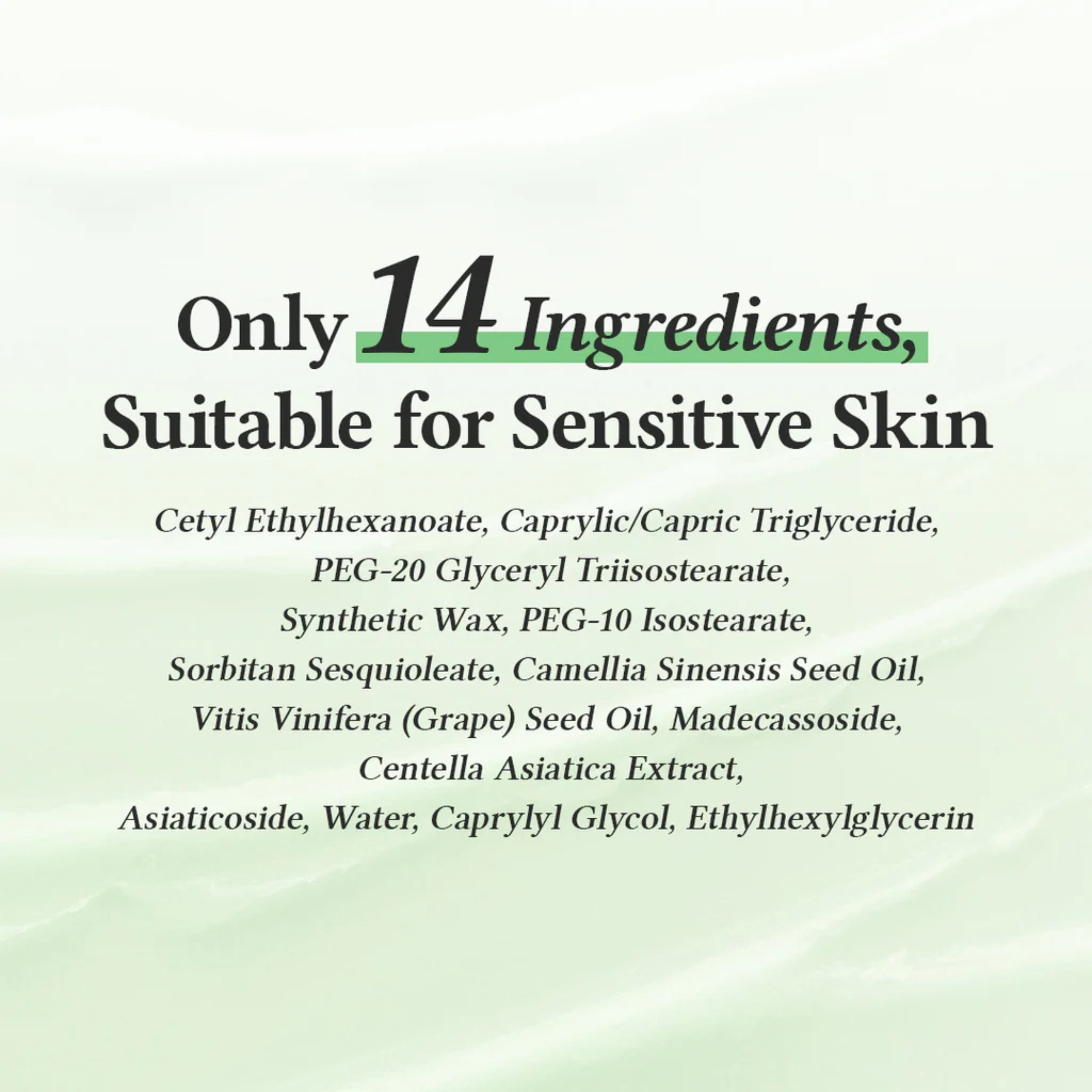 List of ingredients suitable for sensitive skin on a light green background