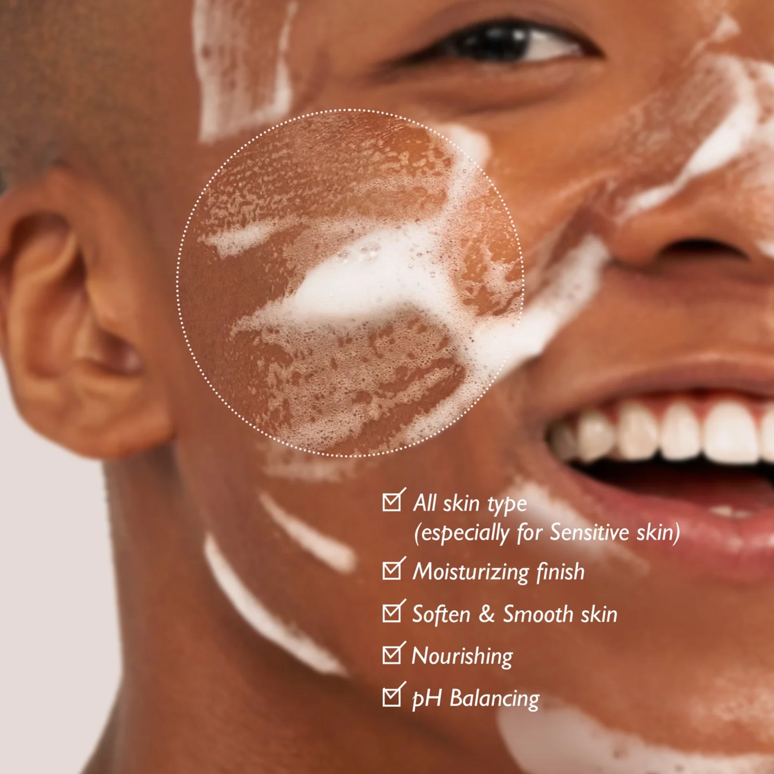 Close-up of a person's face with a skincare product application, showing text about product benefits.