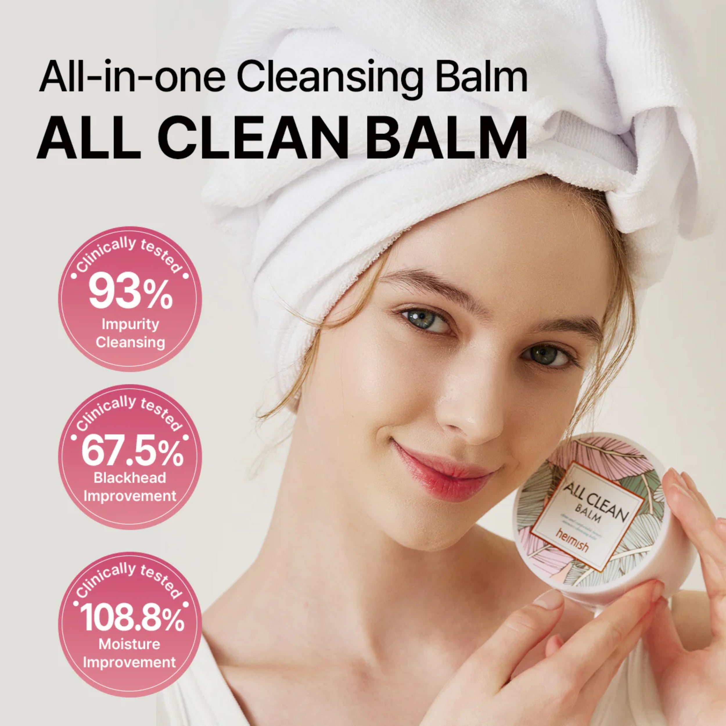 Woman holding an All Clean balm with product features highlighted on a light background