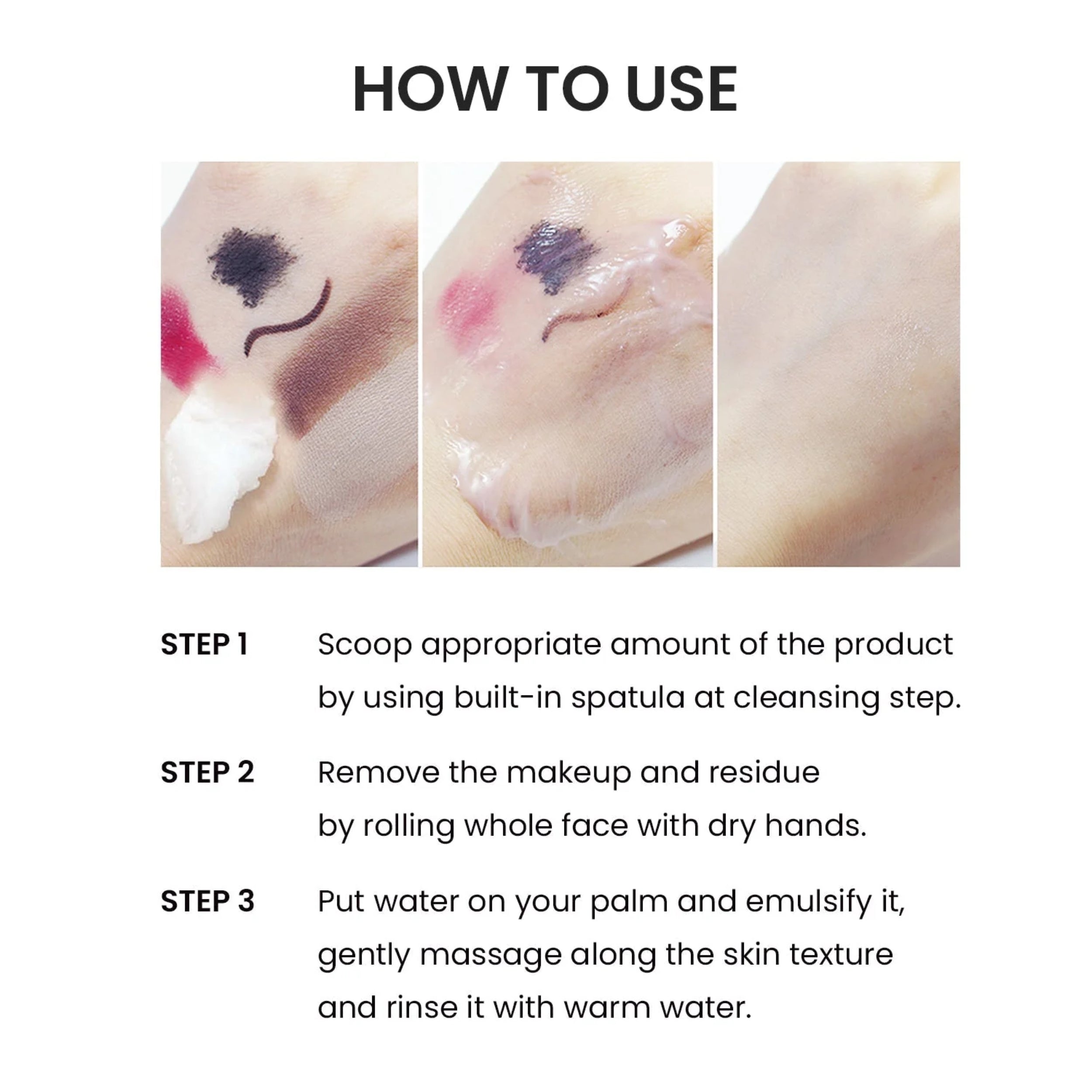 Instructions on how to use a skincare product with images of skin and makeup removal.