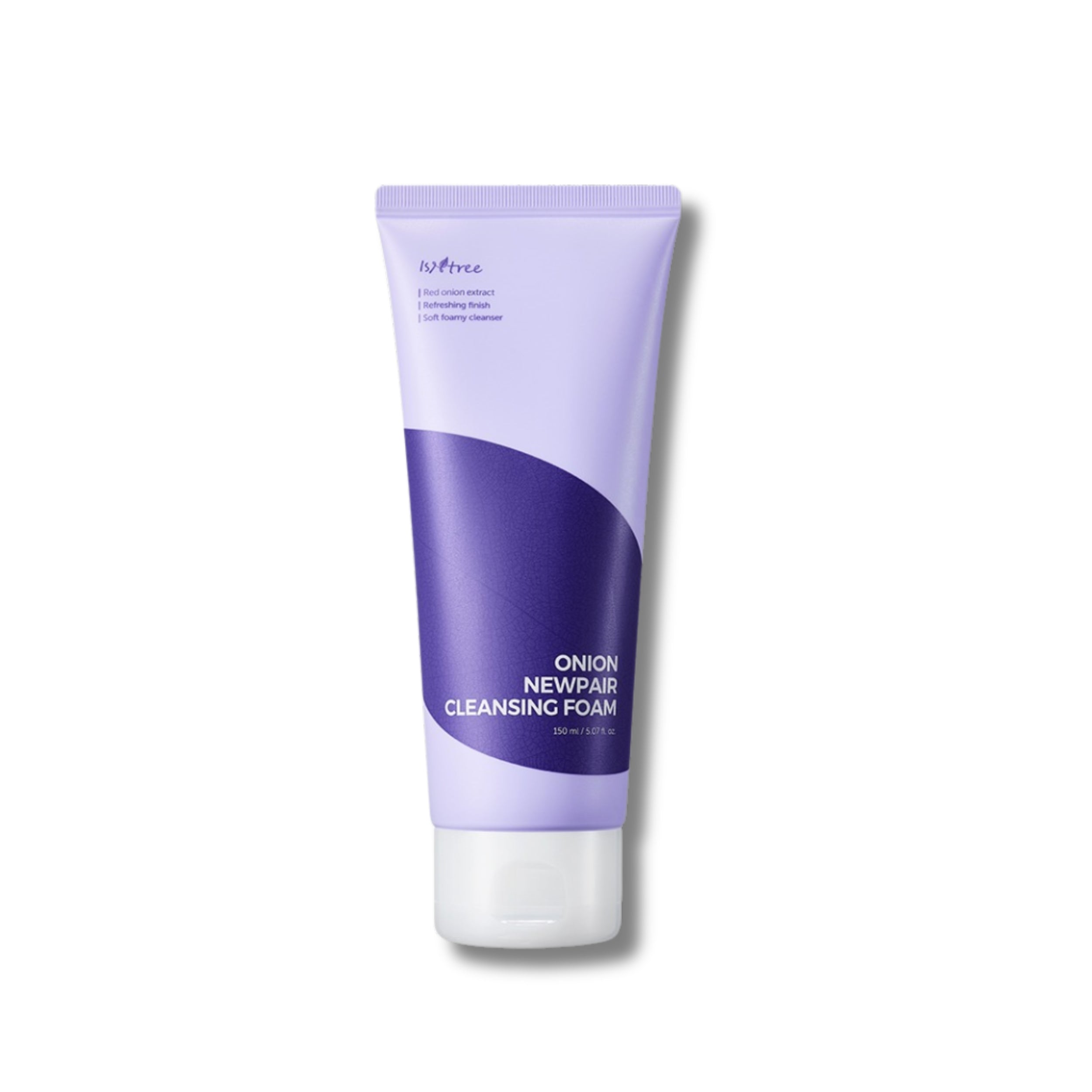 Purple tube of onion newpair cleansing foam on a white background
