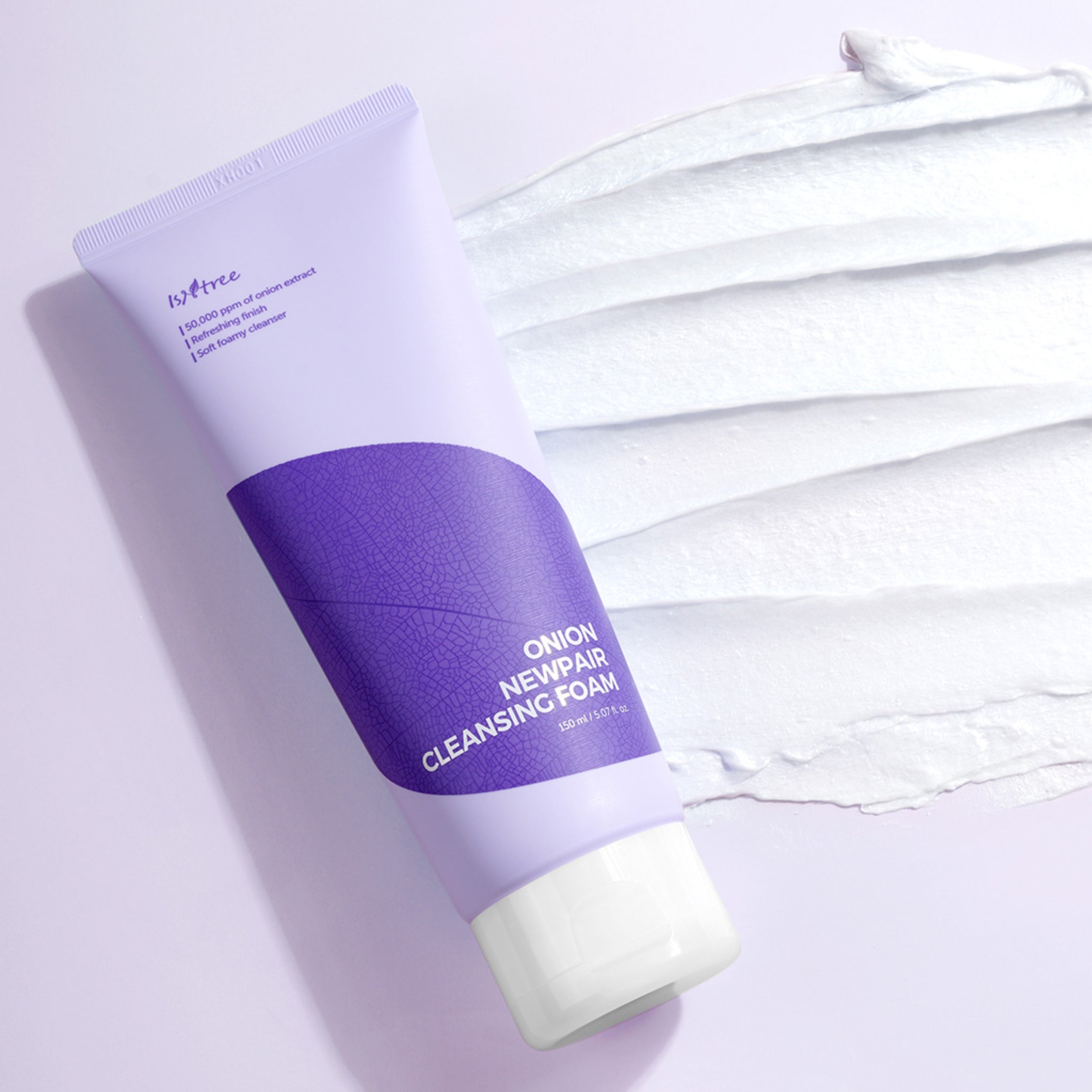 Purple tube of onion newpair cleansing foam with white gloves on a light purple background