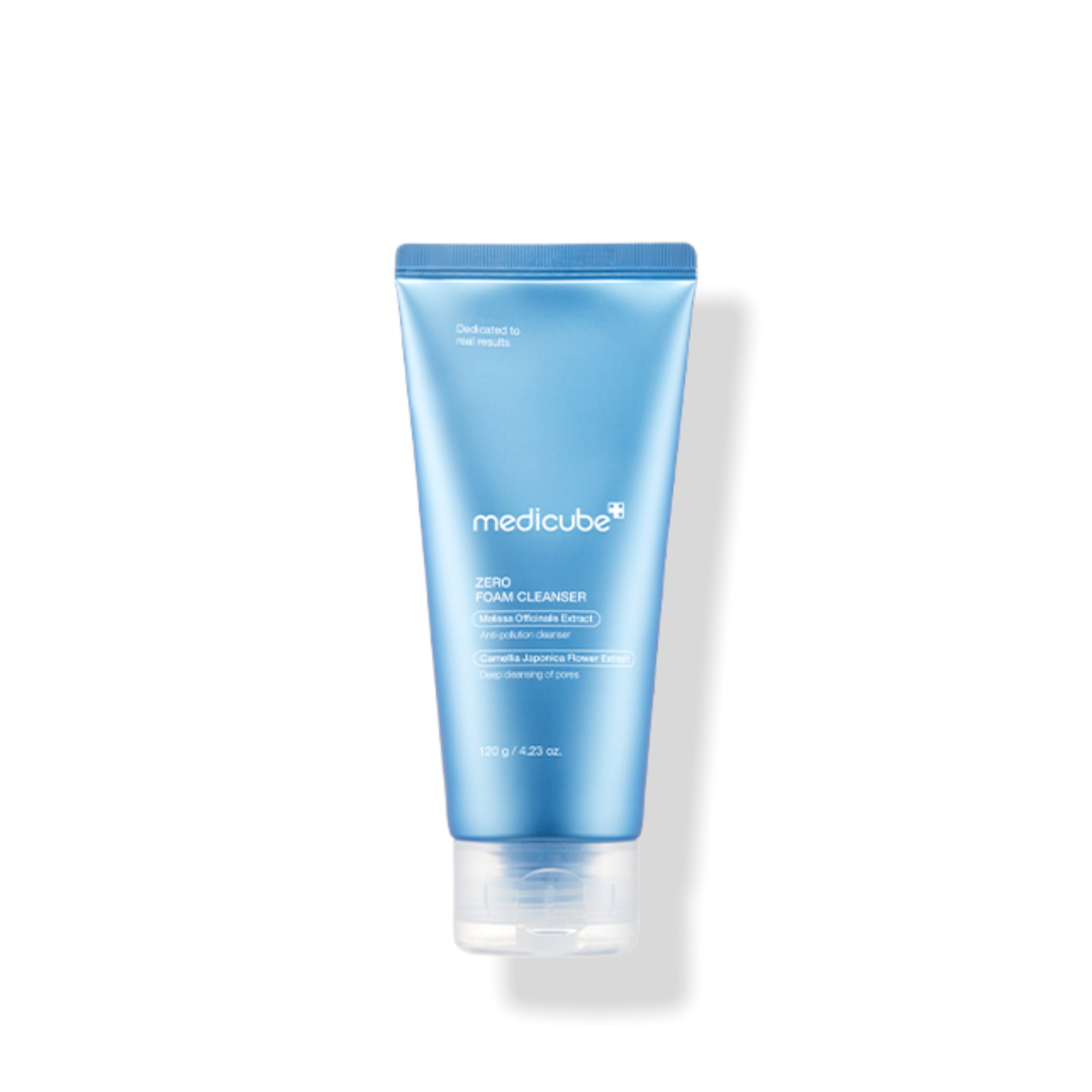 Blue tube of Medicube cleanser on a white background