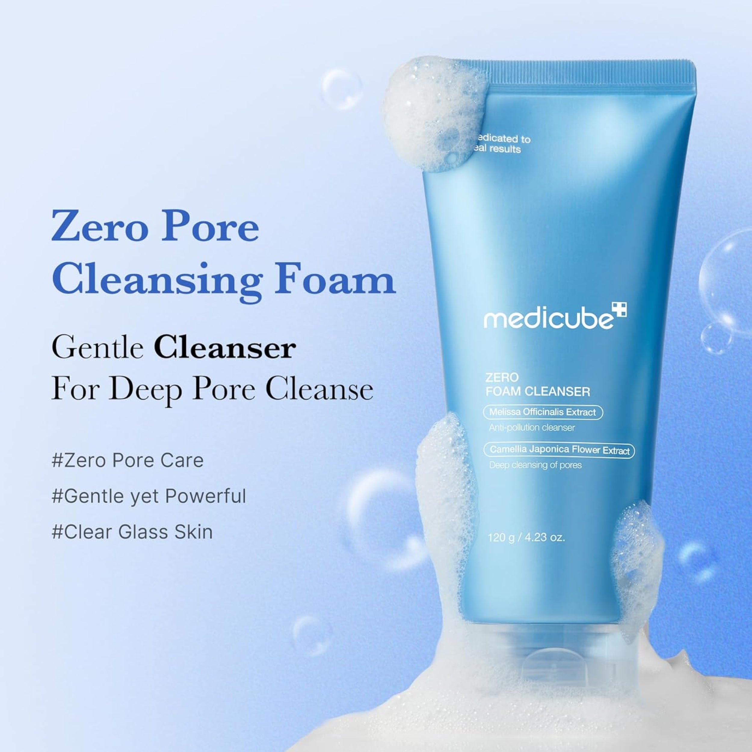 Blue tube of medicube Zero Pore Cleansing Foam with text on a blue background