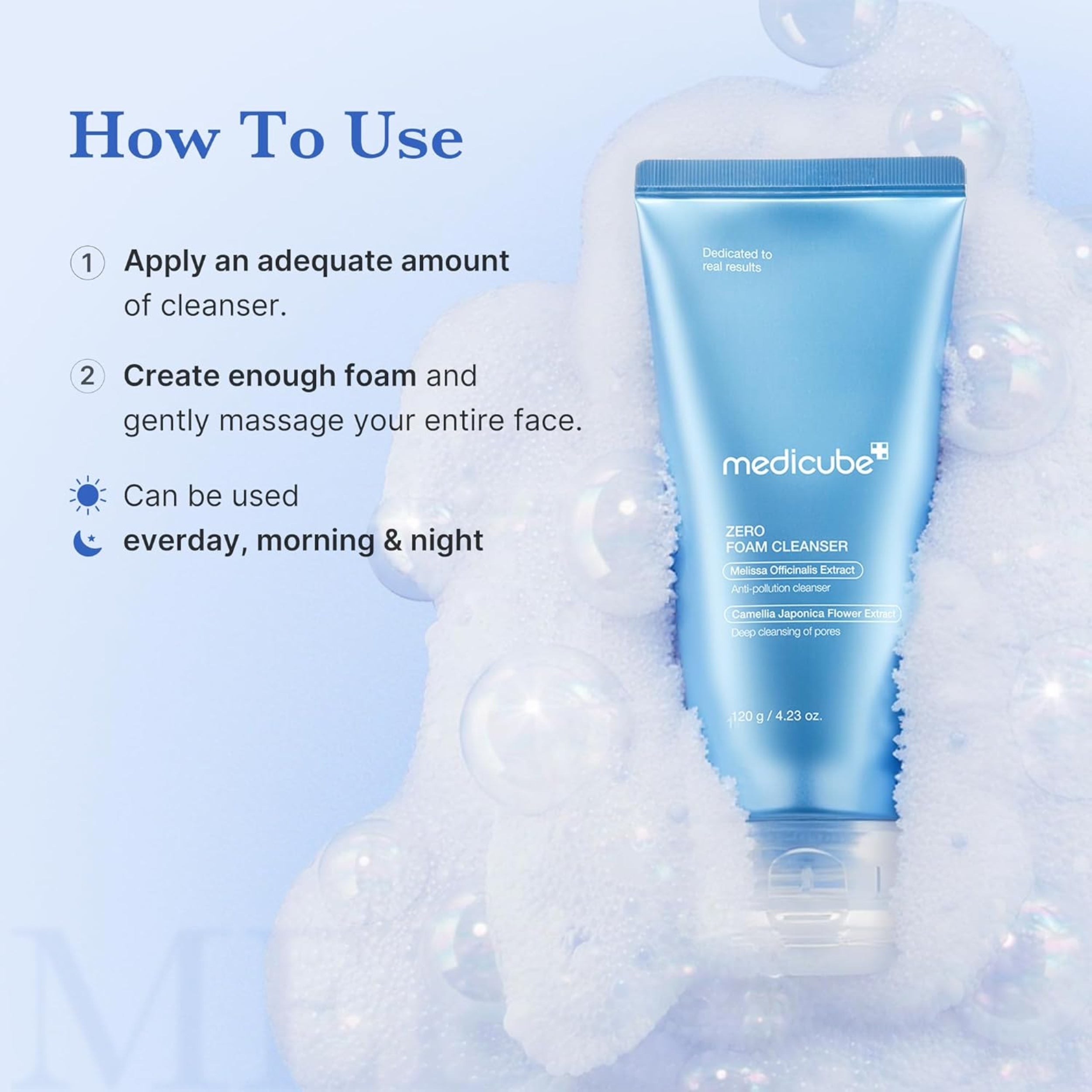 Blue tube of Medicube cleanser with instructions on how to use it against a light blue background.