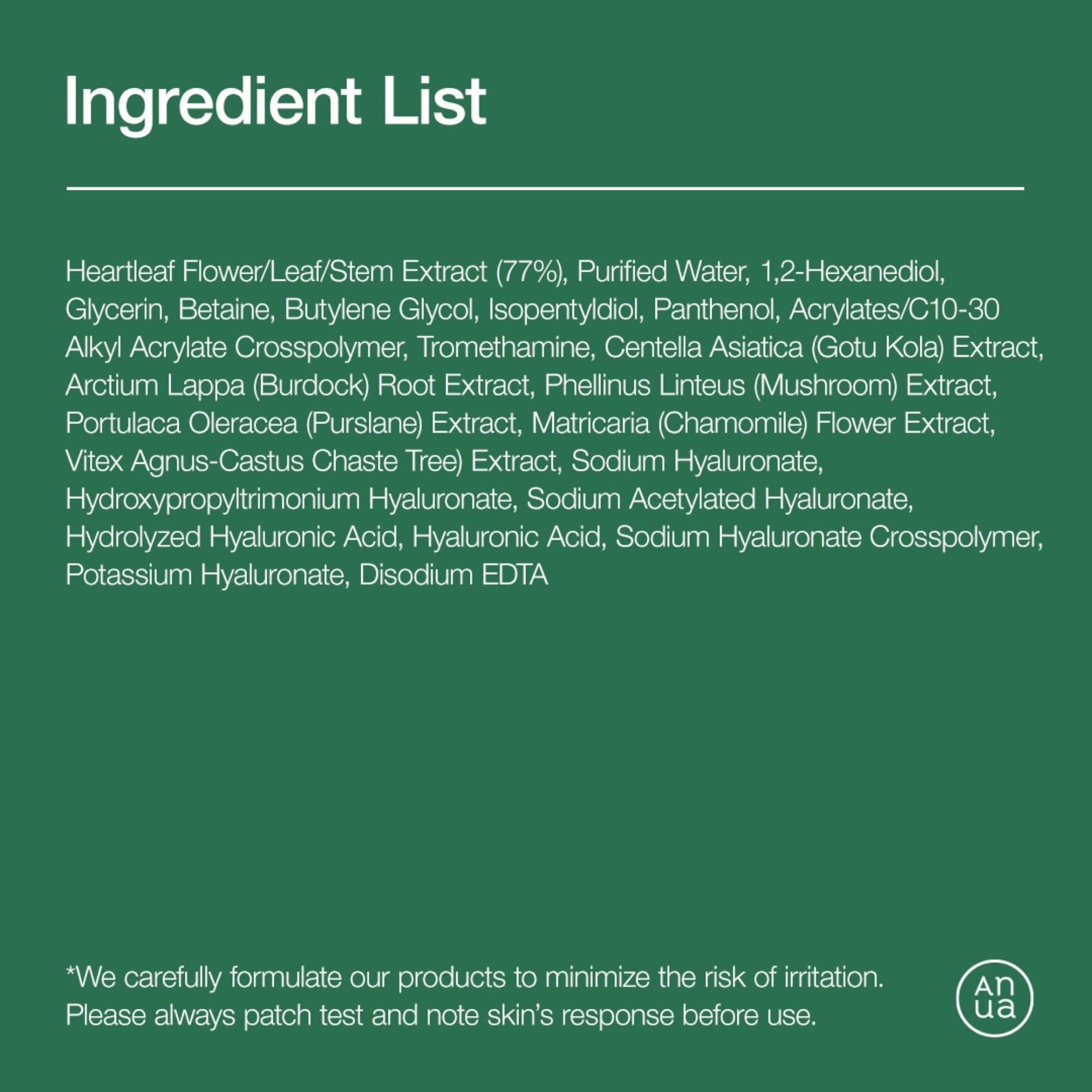 Ingredient list on a green background with Anua logo