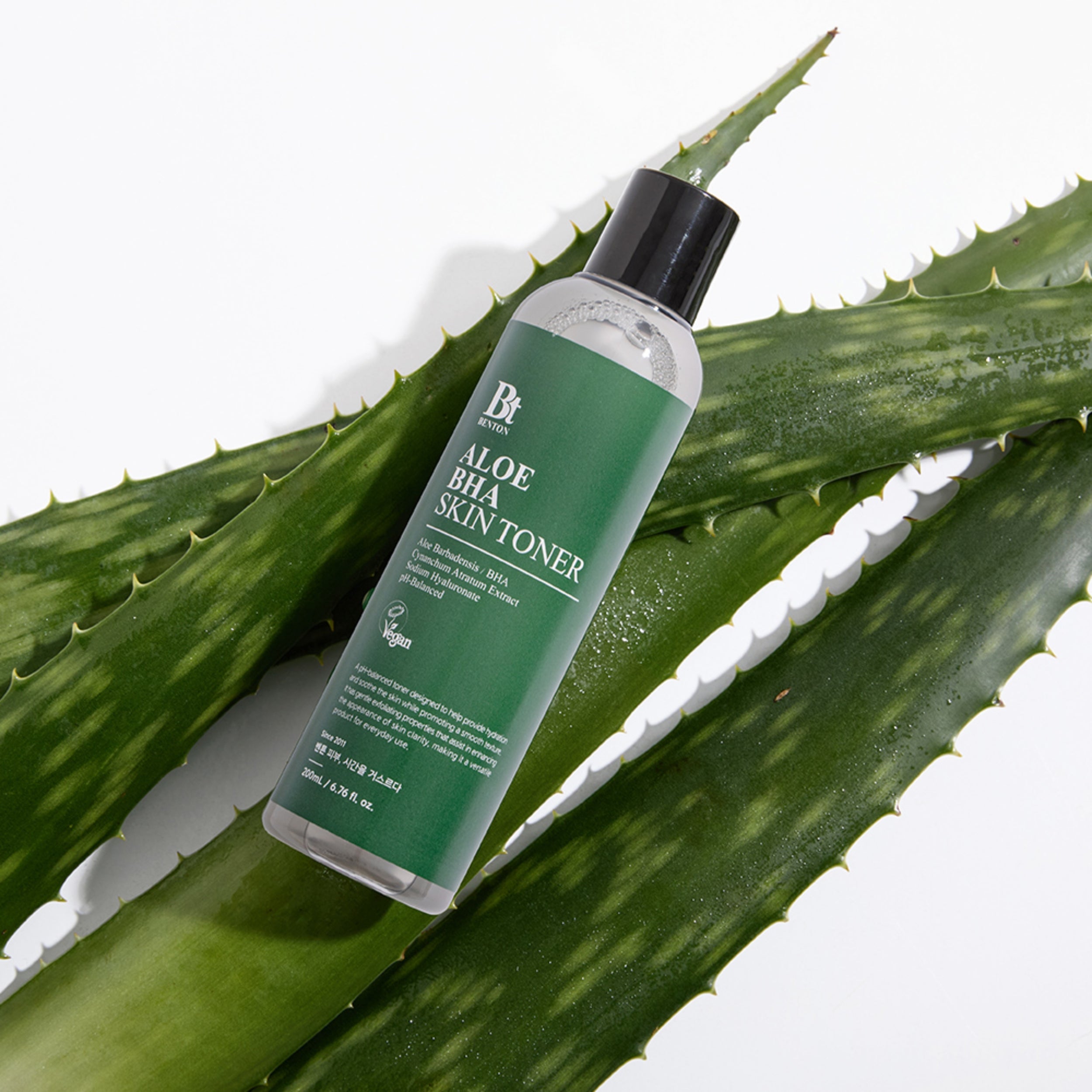 Bottle of Aloe Rha Skin Toner on a large aloe leaf with a white background