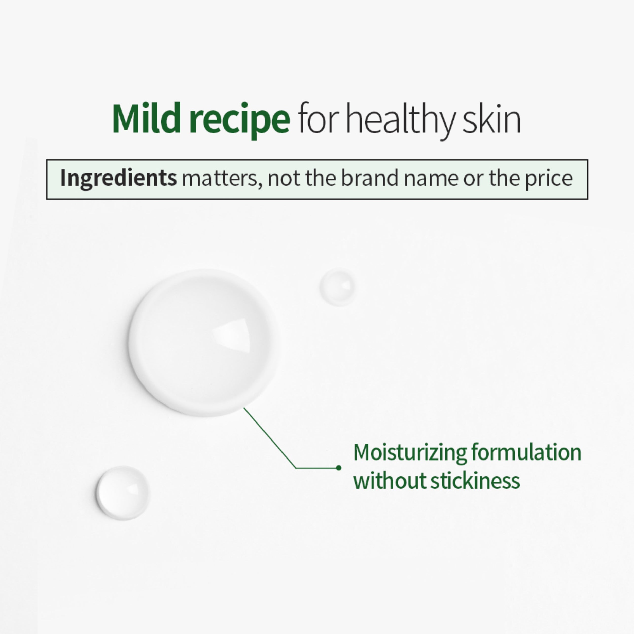 Text on a white background about a 'Mild recipe for healthy skin' with moisturizing formulation.