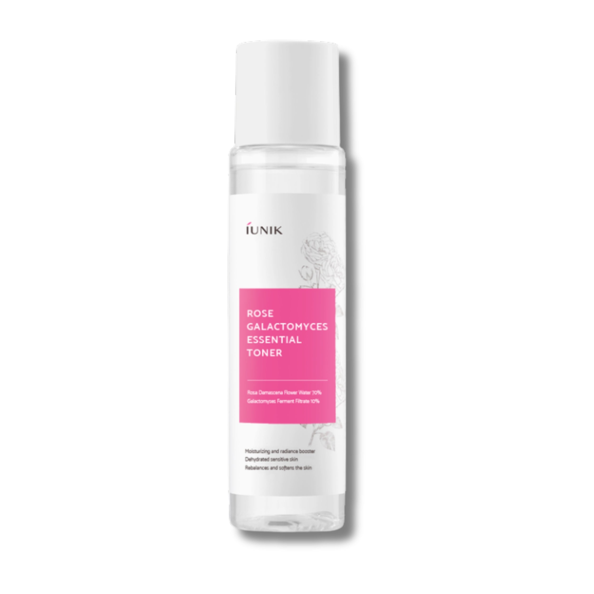 Toner bottle with pink label on a white background