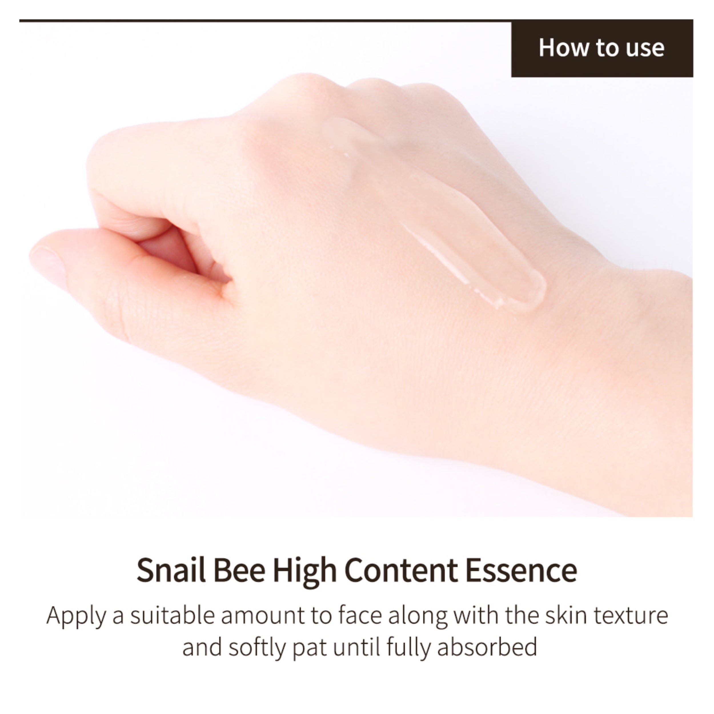Hand applying snail bee high content essence to face with text on how to use.