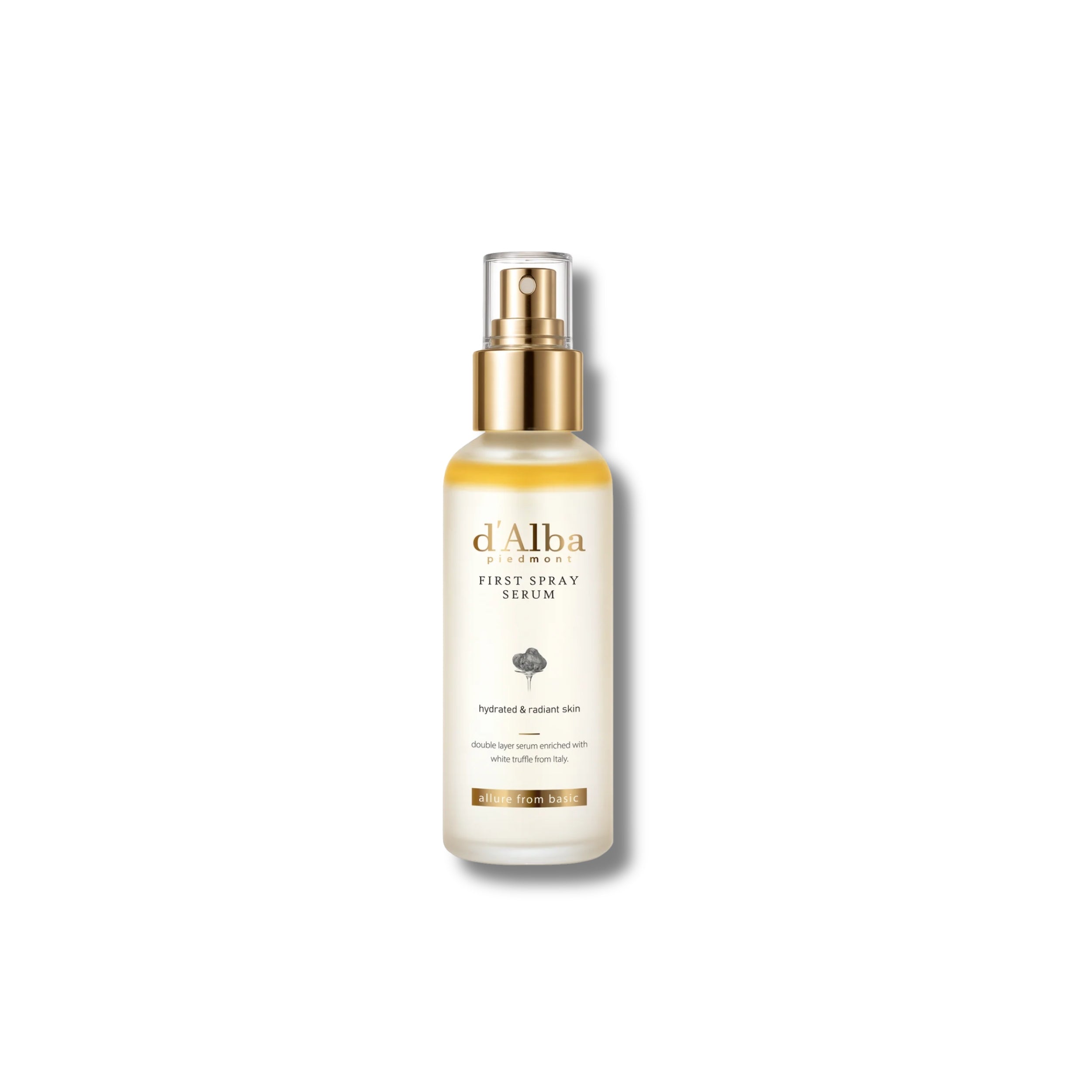 d'Alba hair spray serum bottle on a white background