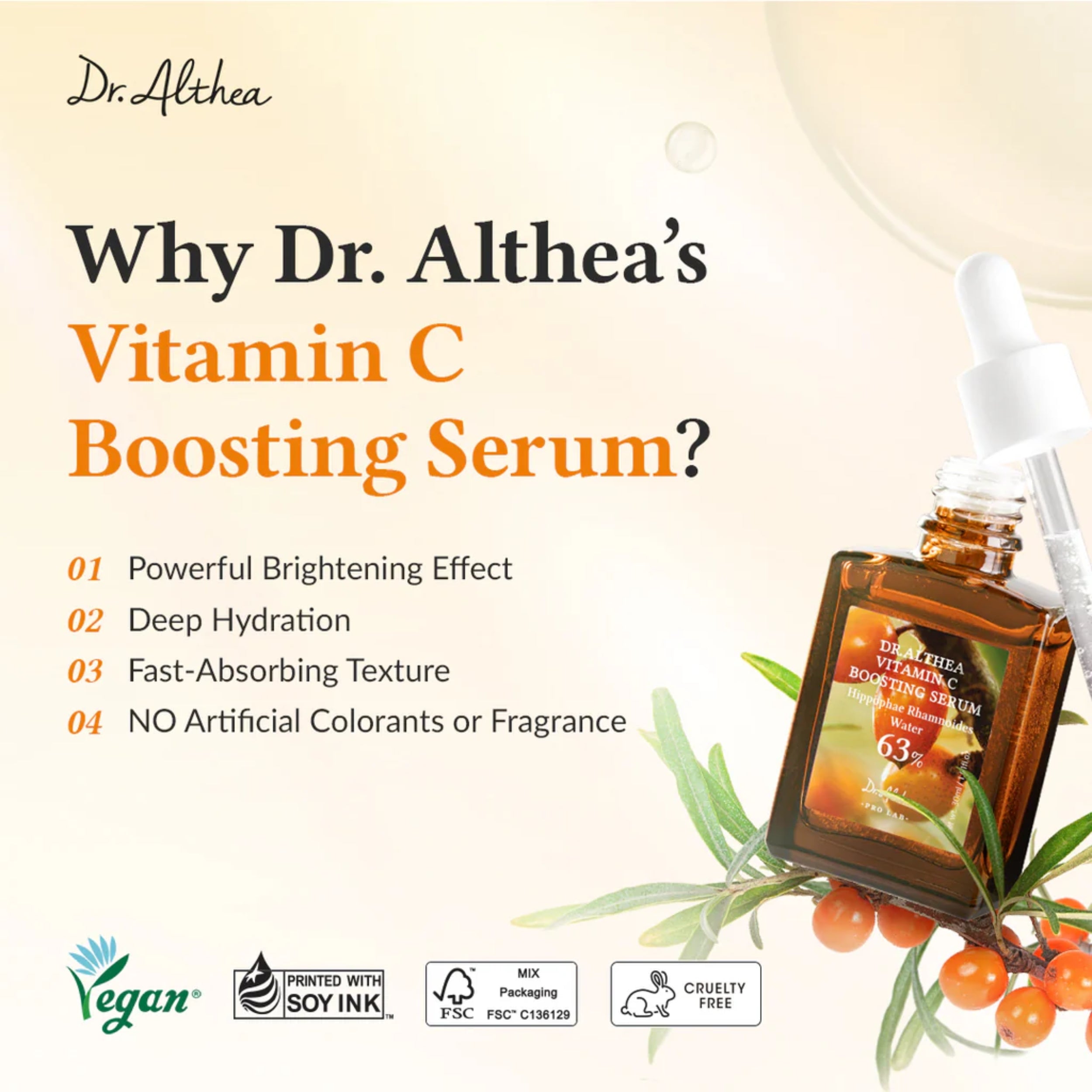 Dr. Althea Vitamin C Boosting Serum with text highlighting benefits and product details.