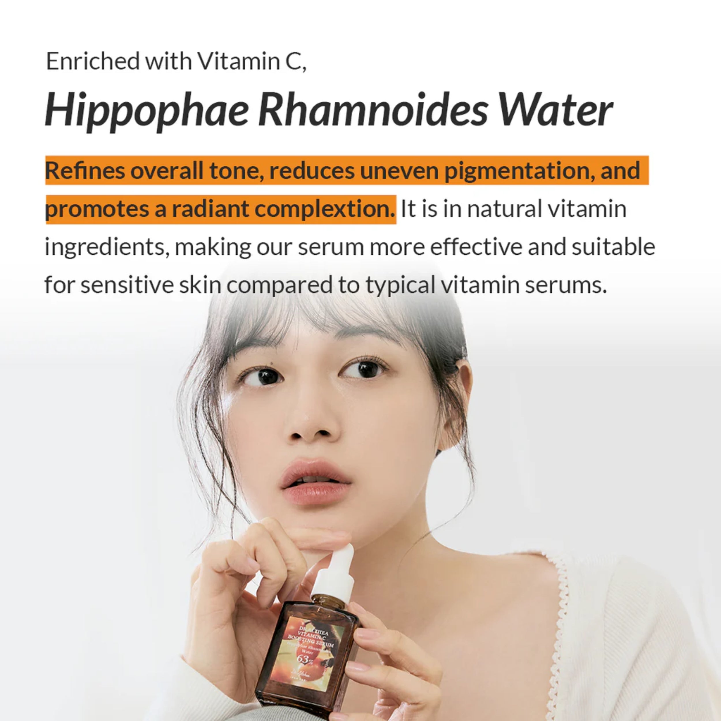 Product advertisement with a woman holding a skincare product, featuring Hippophae Rhamnoides Water text.