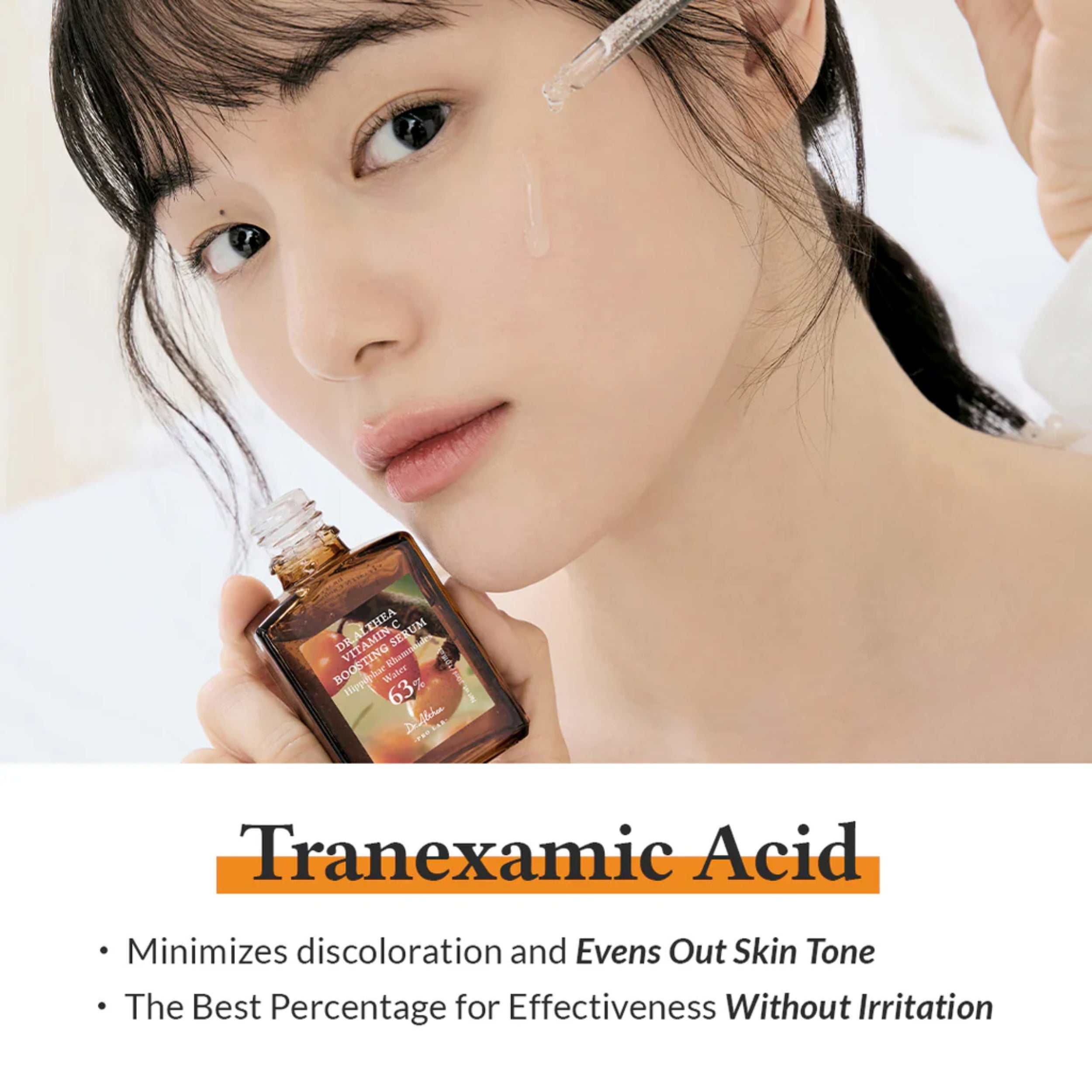 Woman holding a bottle of Tranexamic Acid with text about its benefits.