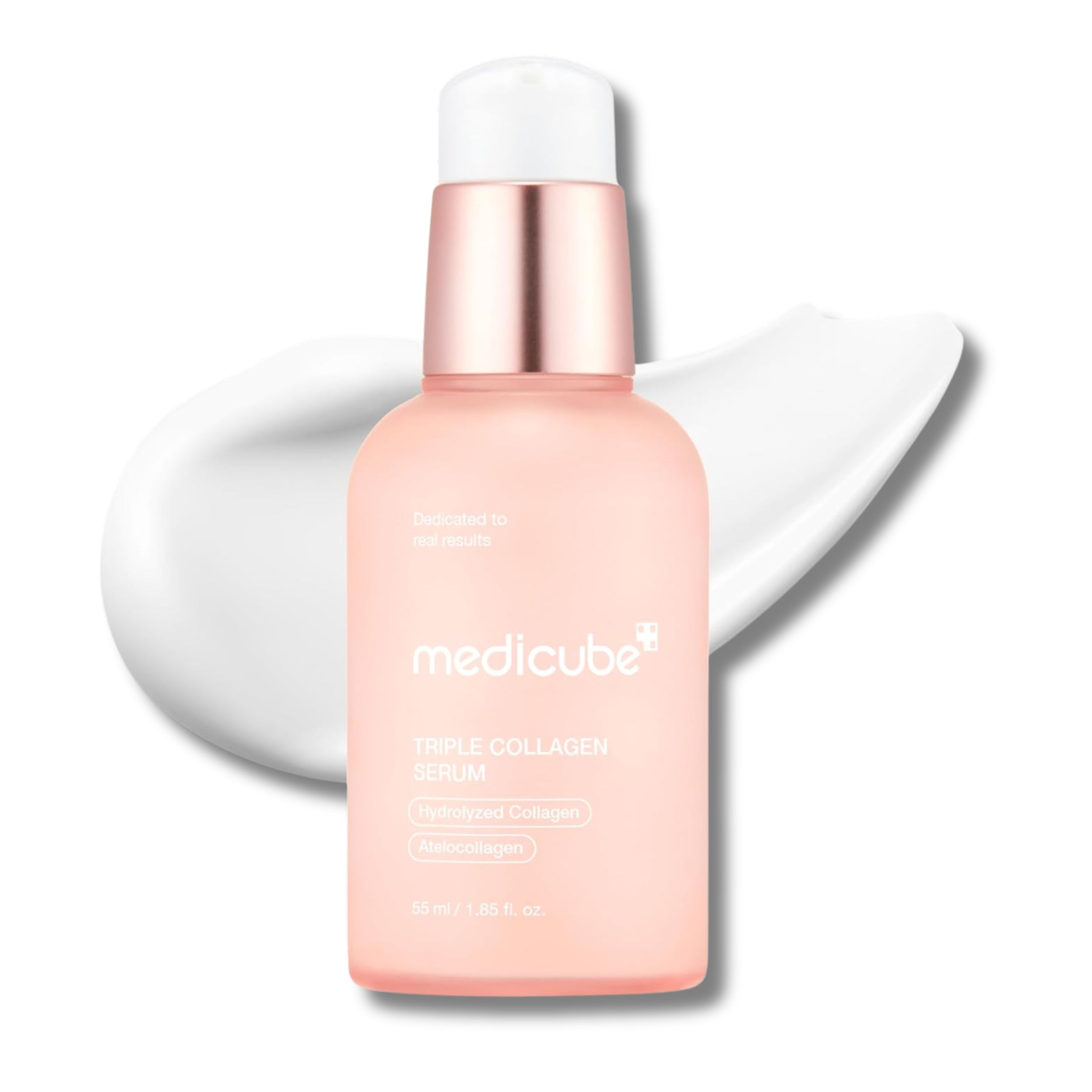 Pink skincare serum bottle with white cap on a white background, featuring the brand 'medicube'.