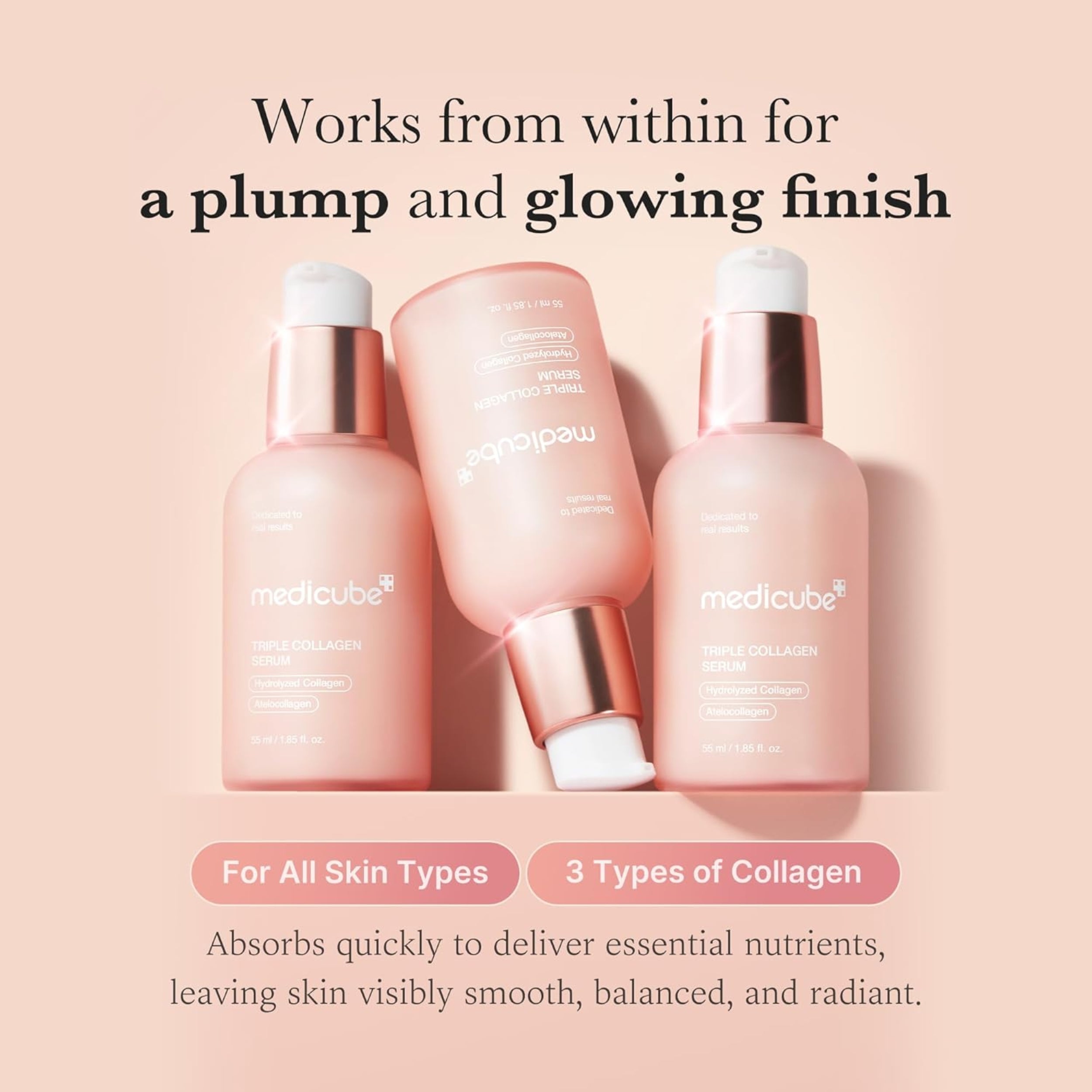 Three skincare bottles with text on a pink background