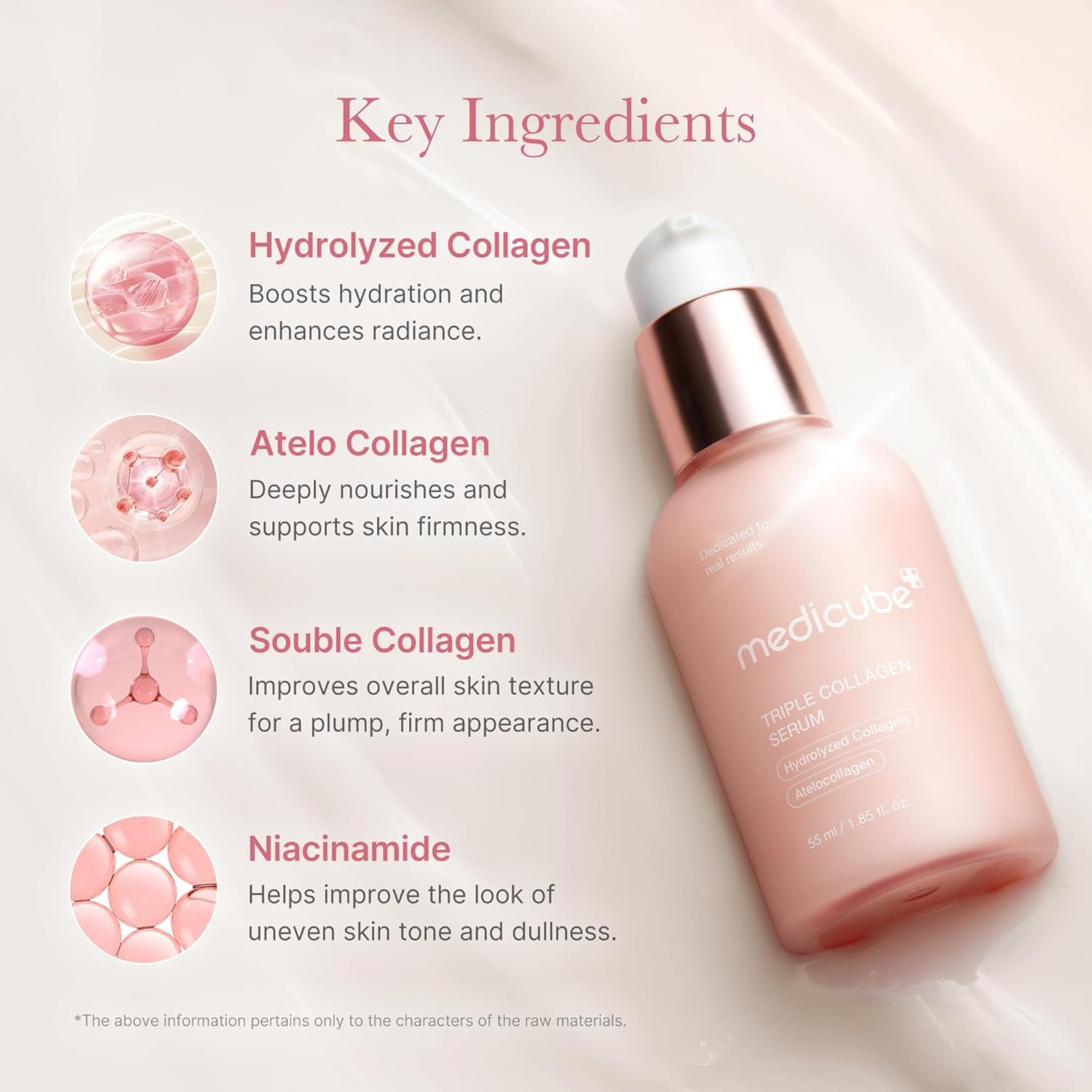 Cosmetic bottle with key ingredients listed on a light pink background