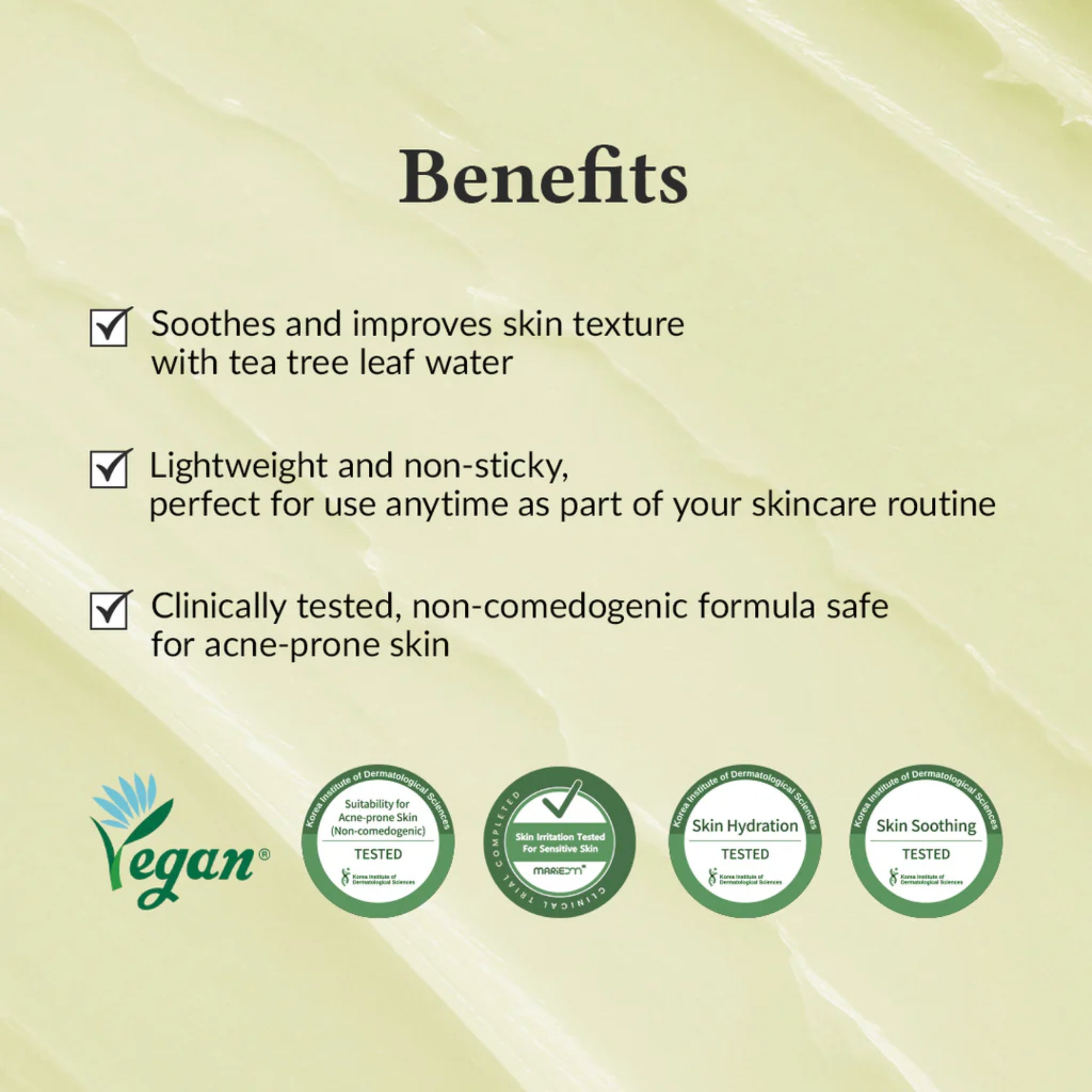 Product benefits listed on a beige background with green checkmarks and labels.