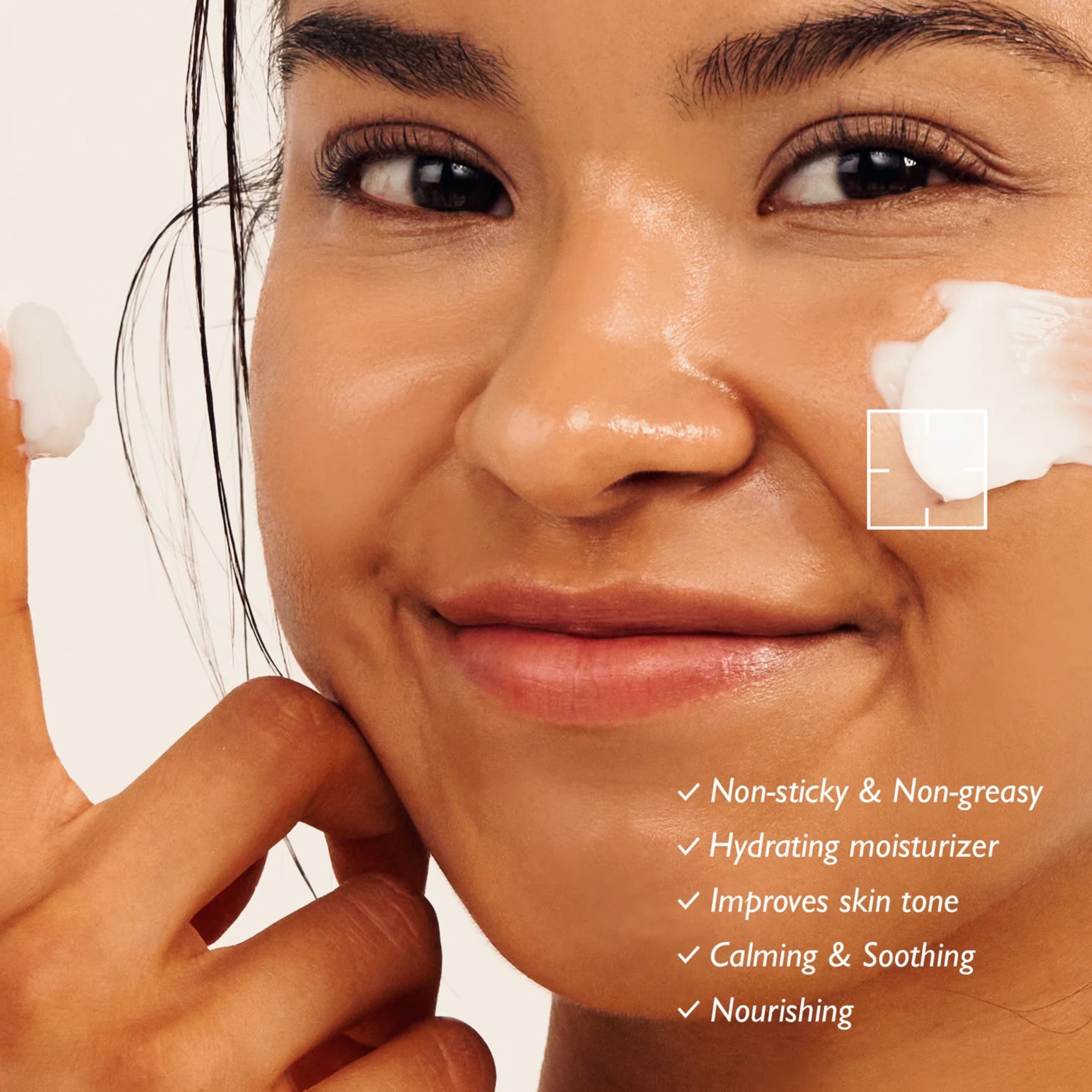 Woman applying cream to her face with text highlighting product benefits.