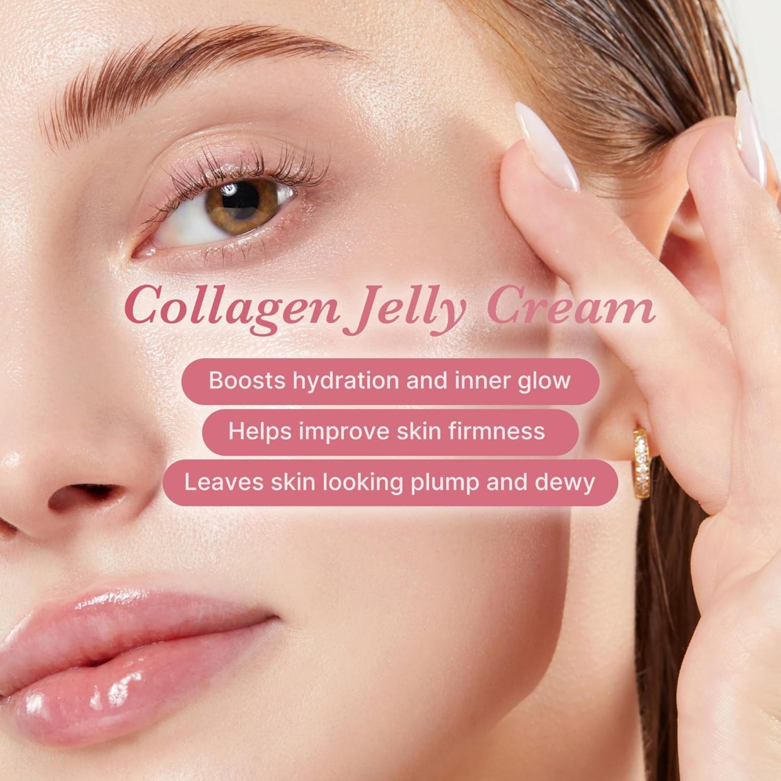 Woman applying collagen jelly cream to her face with product benefits text overlay.