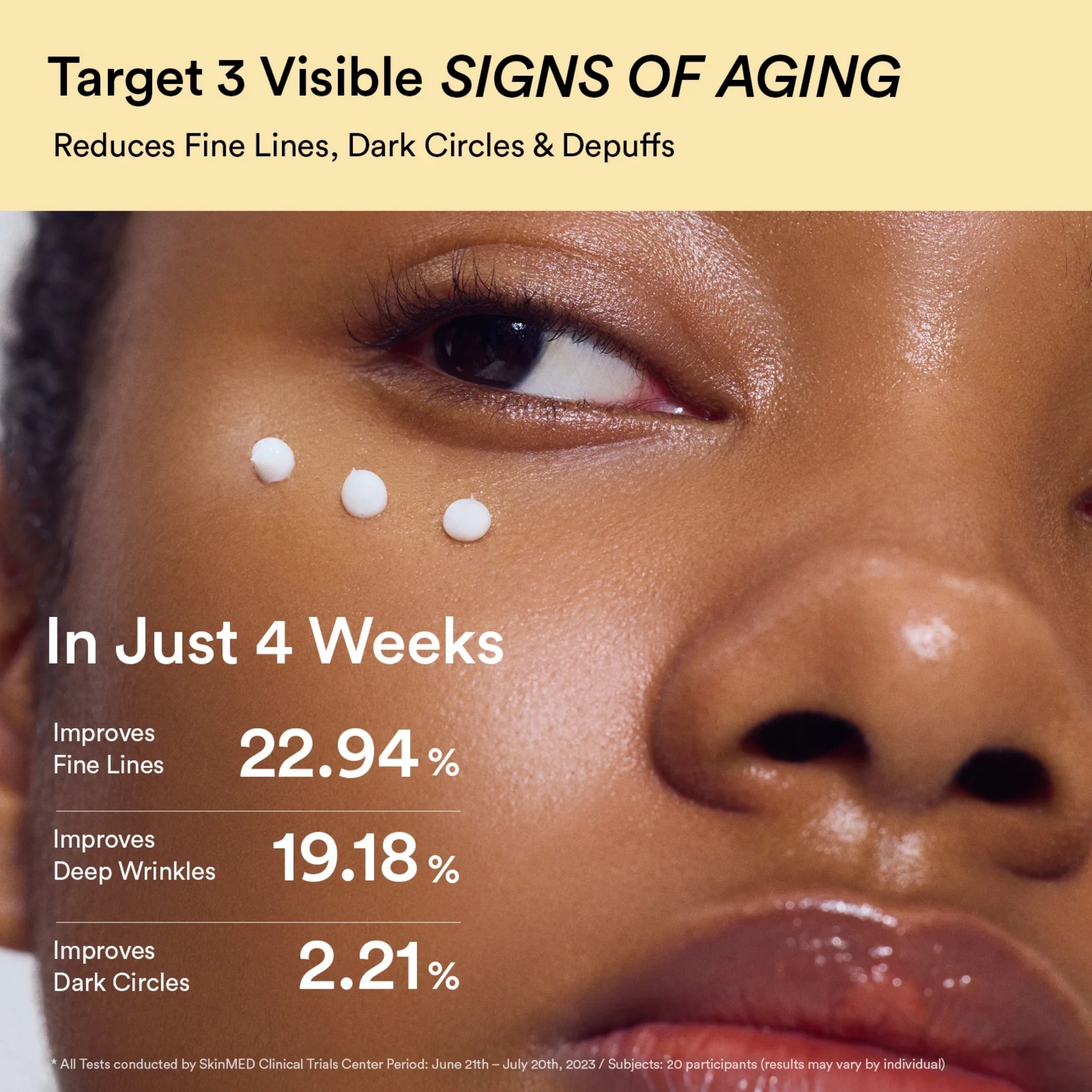Advertisement for Abib eye cream targeting aging signs with a close-up of a person's eye area.