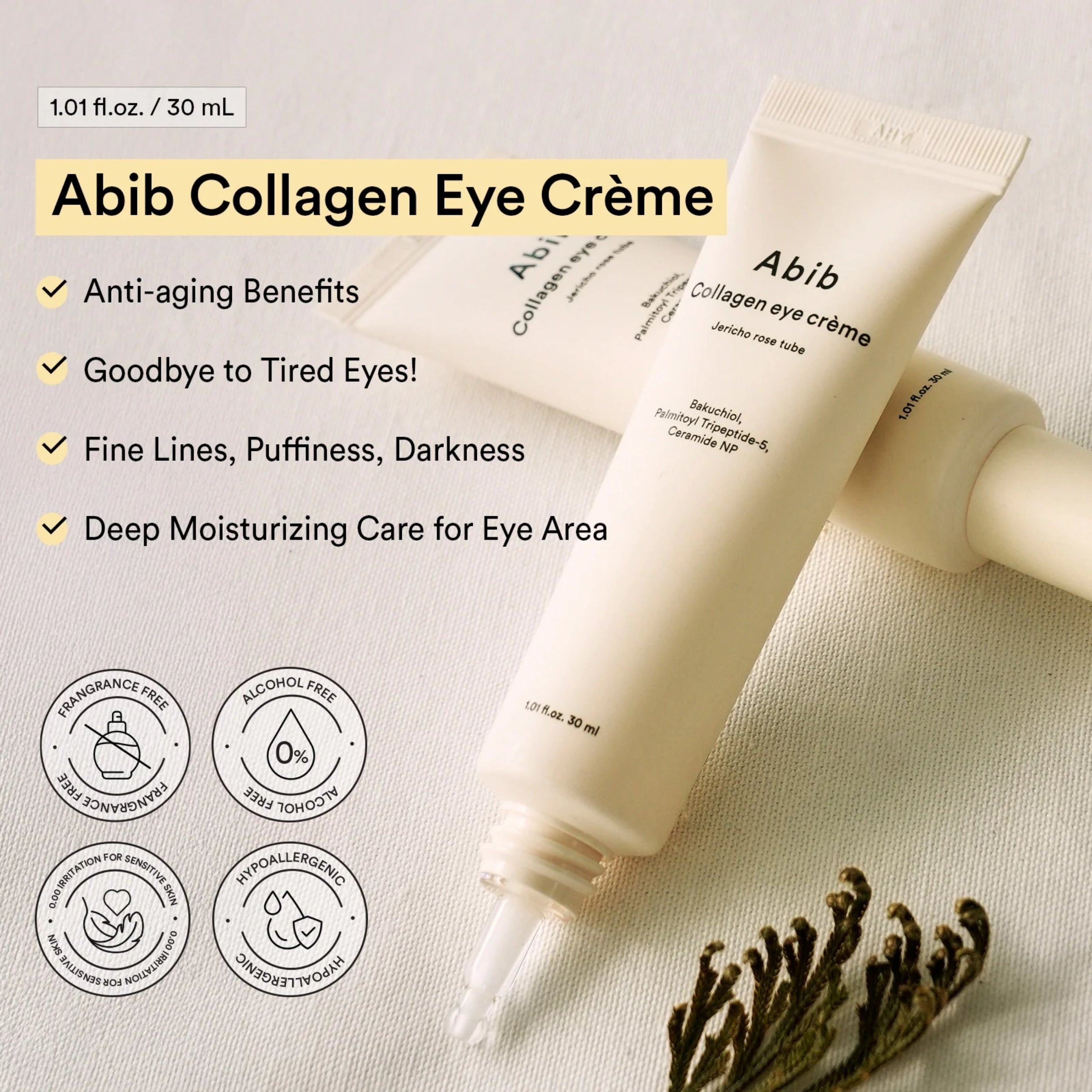 Abib Collagen Eye Crème tube with product details on a light background