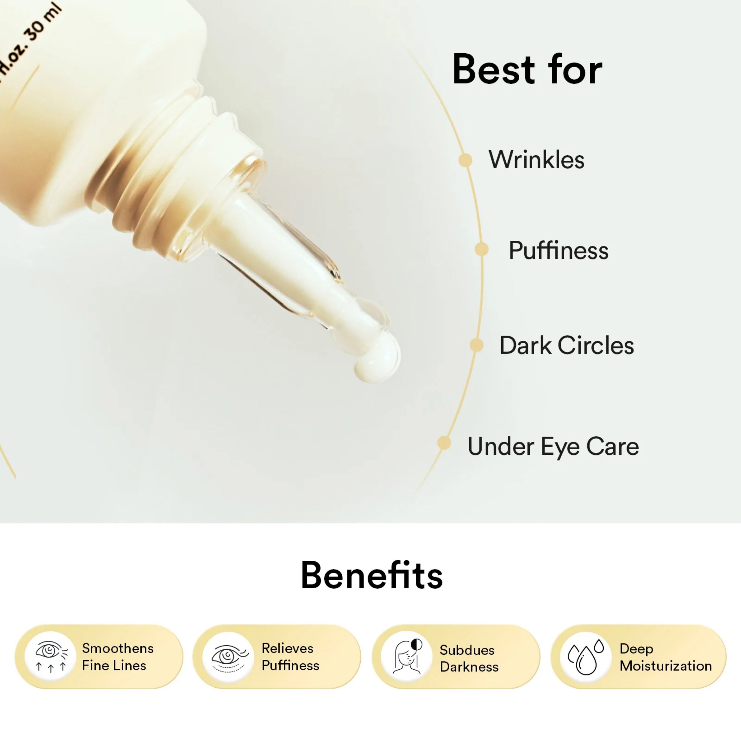 Abib eye cream dropper with benefits listed on a light background