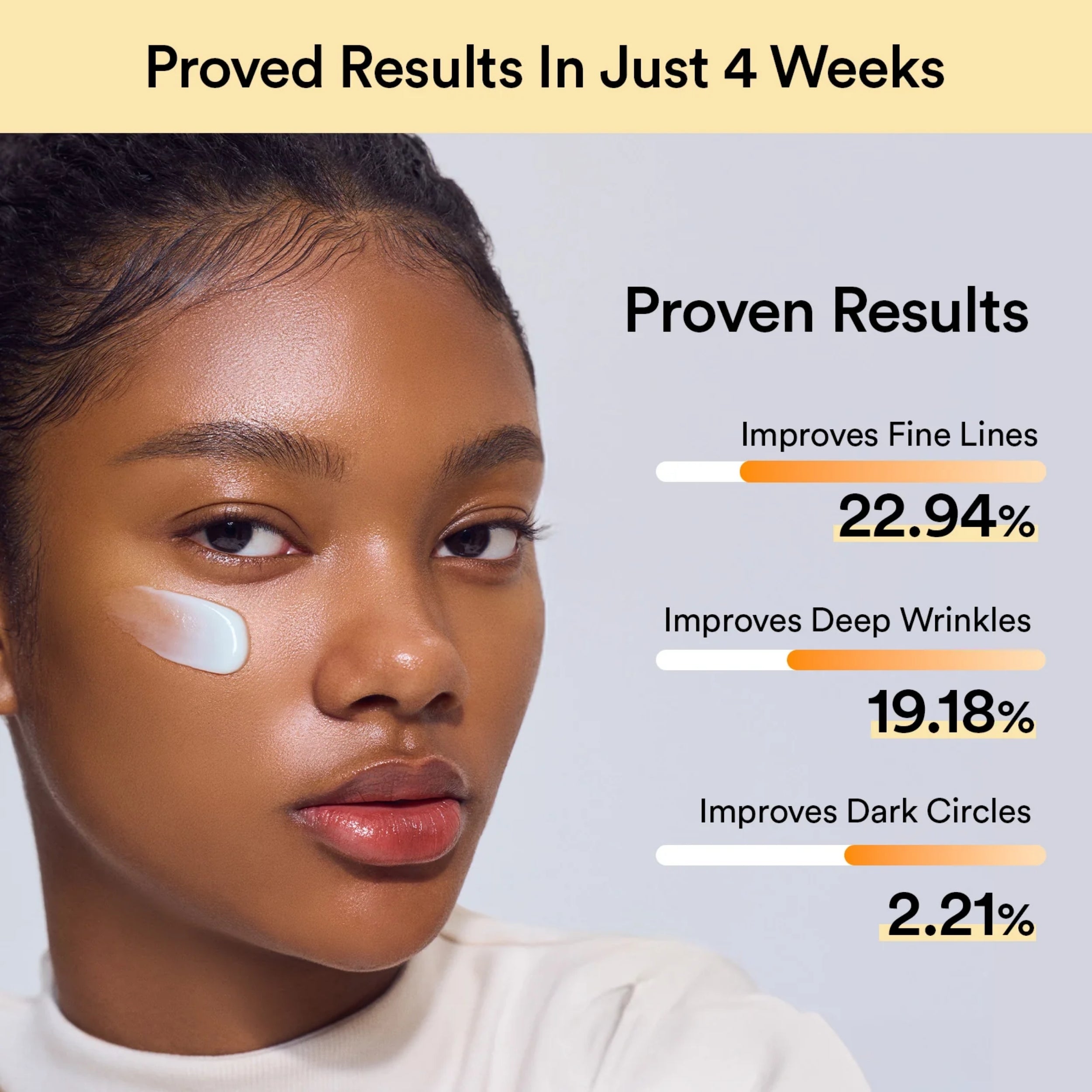 Woman's face with cosmetic products applied, showing improvement percentages on a light gray background.