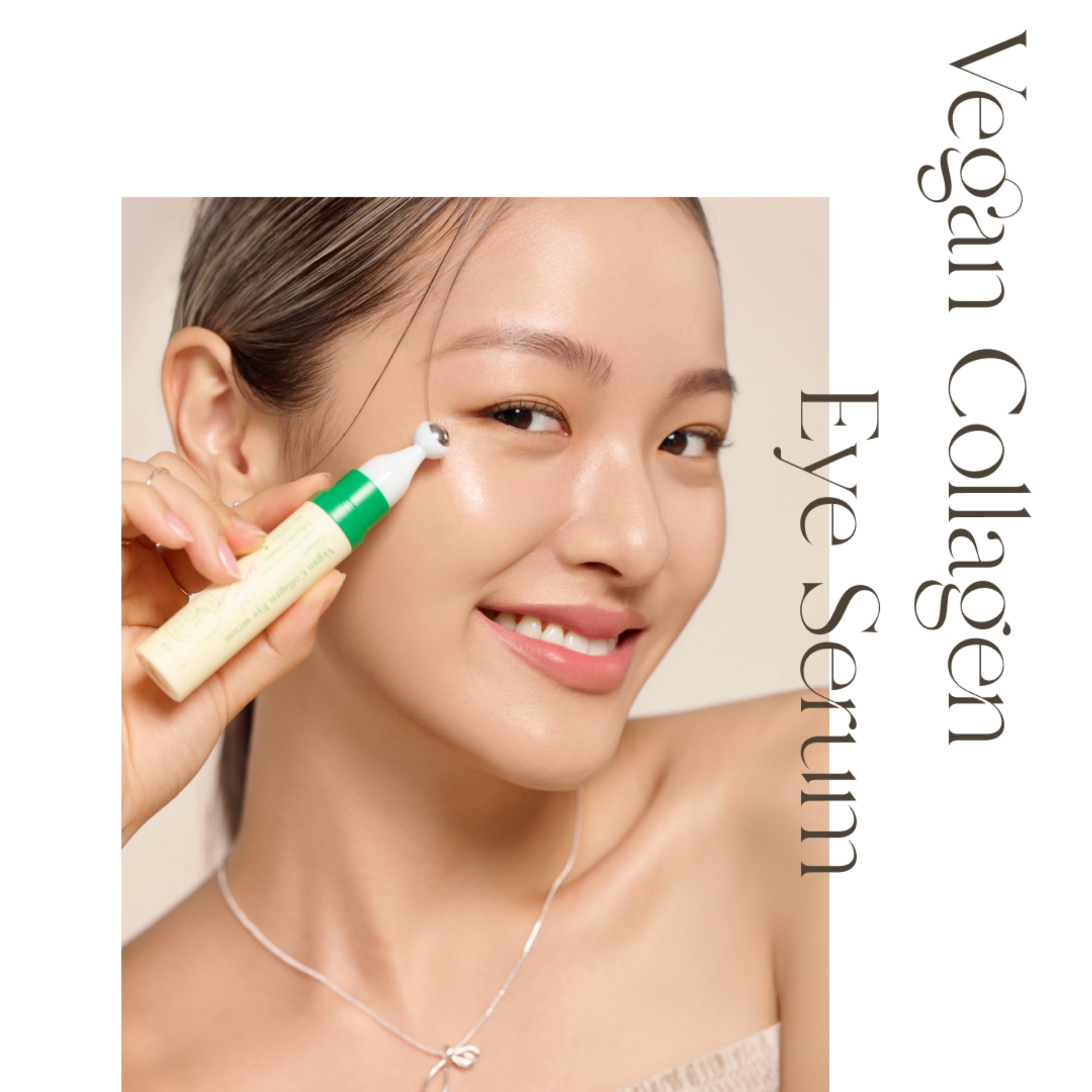 Woman applying vegan collagen eye serum to her face with a focus on skincare.