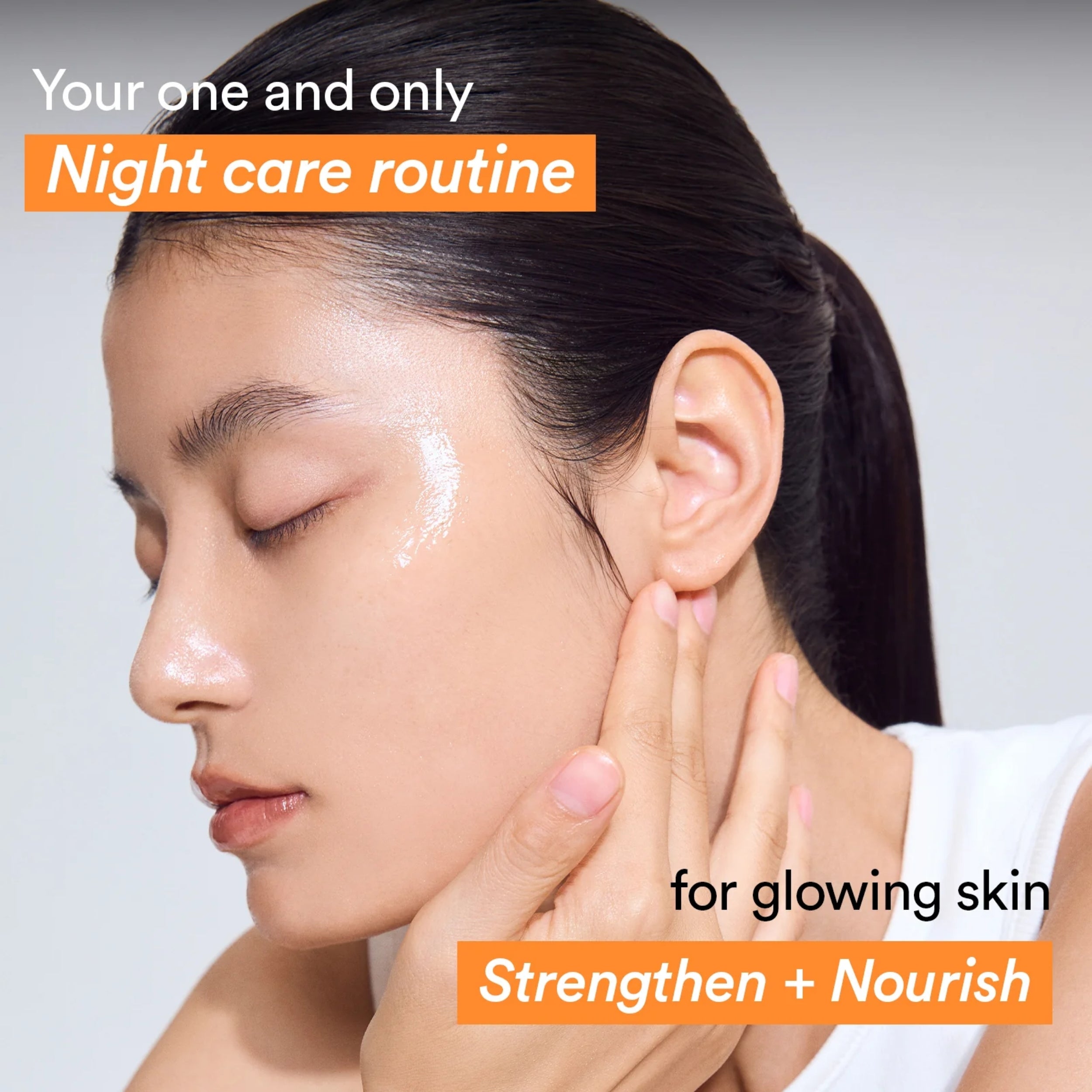 Woman applying Abib Rice Probiotics Overnight Mask at night routine with text about night care routine and glowing skin.