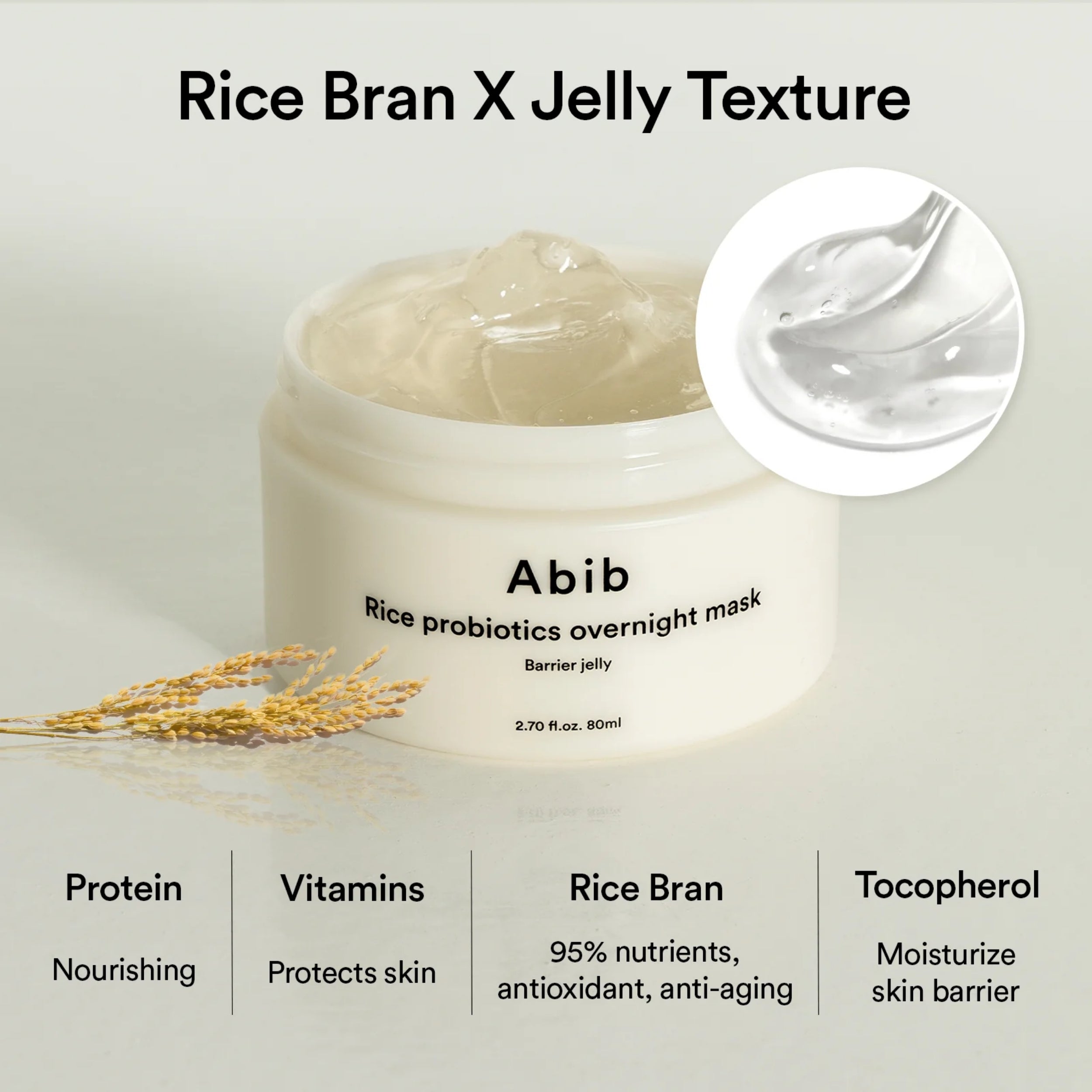 Abib rice probiotics overnight mask with rice bran and jelly texture on a light background