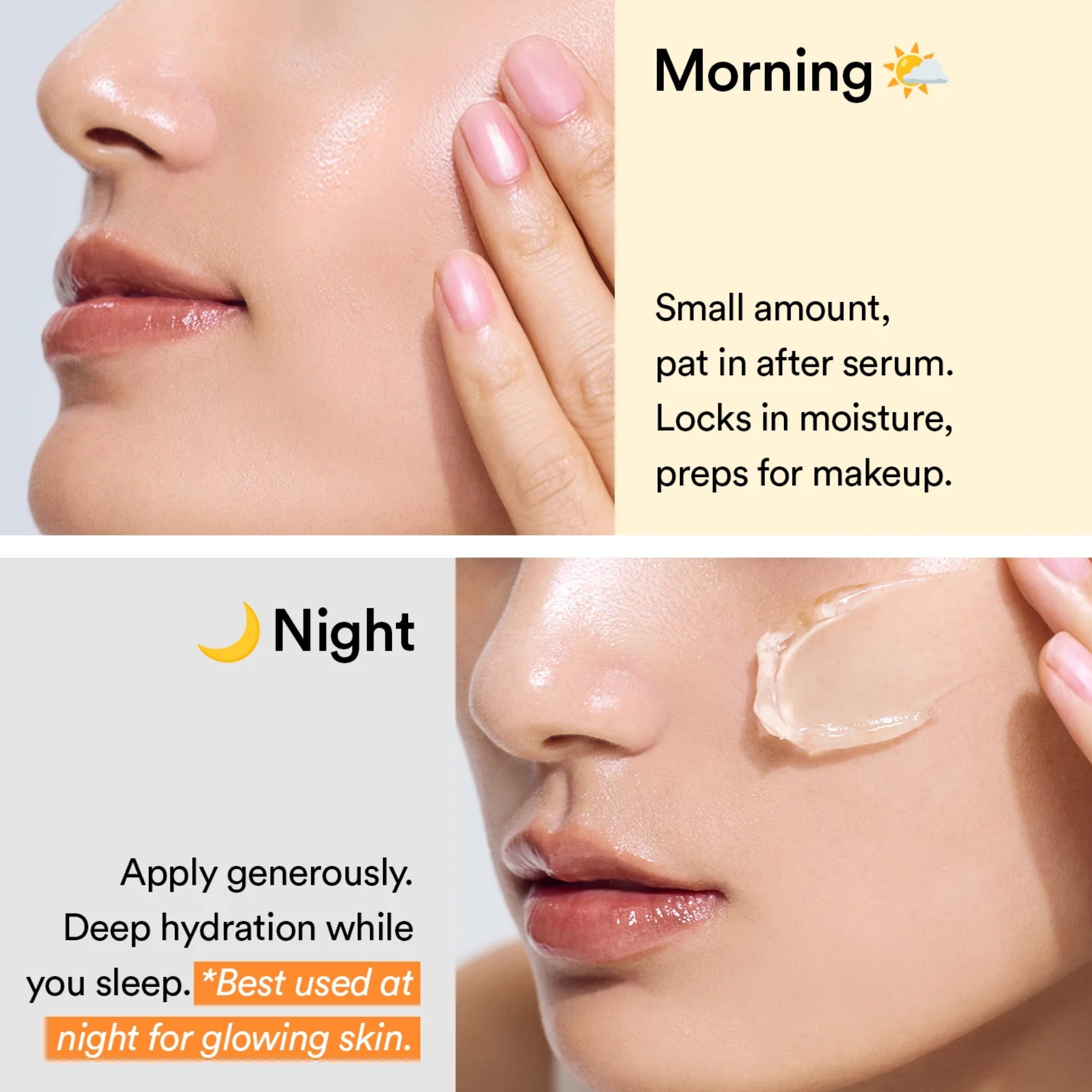Abib Rice Probiotics Overnight Mask Barrier Jelly 80ml Skincare routine demonstration with morning and night application on a person's face.