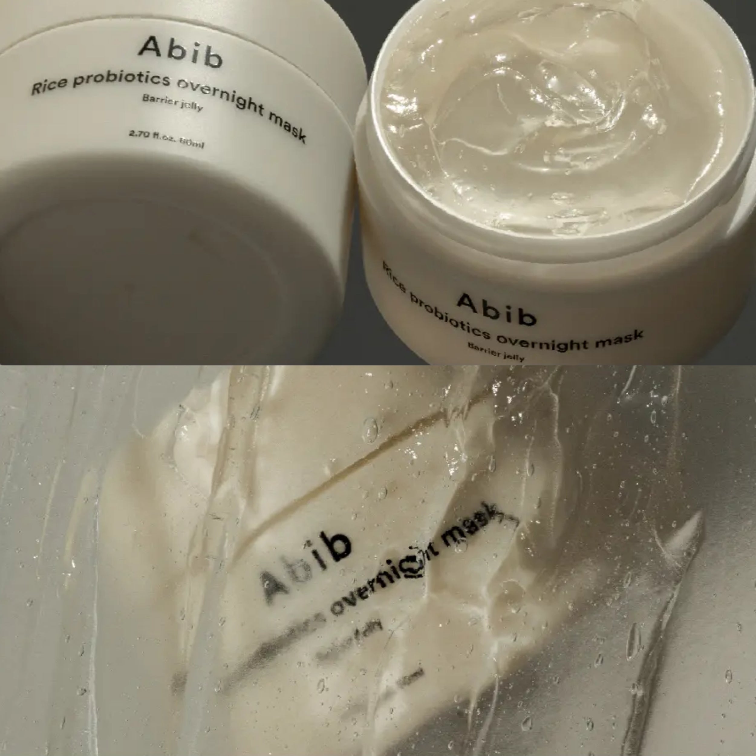 Abib rice probiotics overnight mask in a jar with a close-up of the mask on a clear surface.