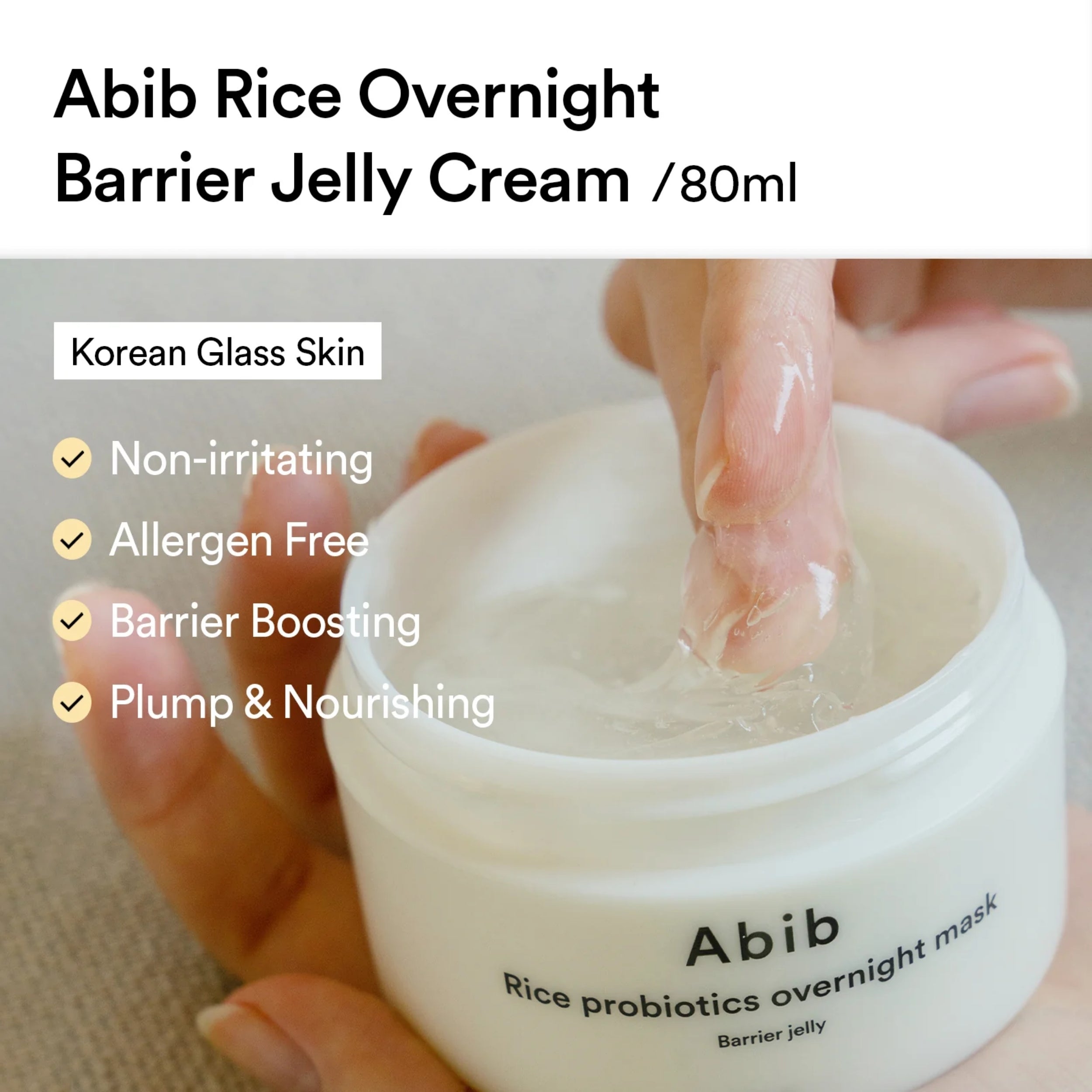 Abib Rice Overnight Barrier Jelly Cream jar with hand holding cream, text highlighting benefits.