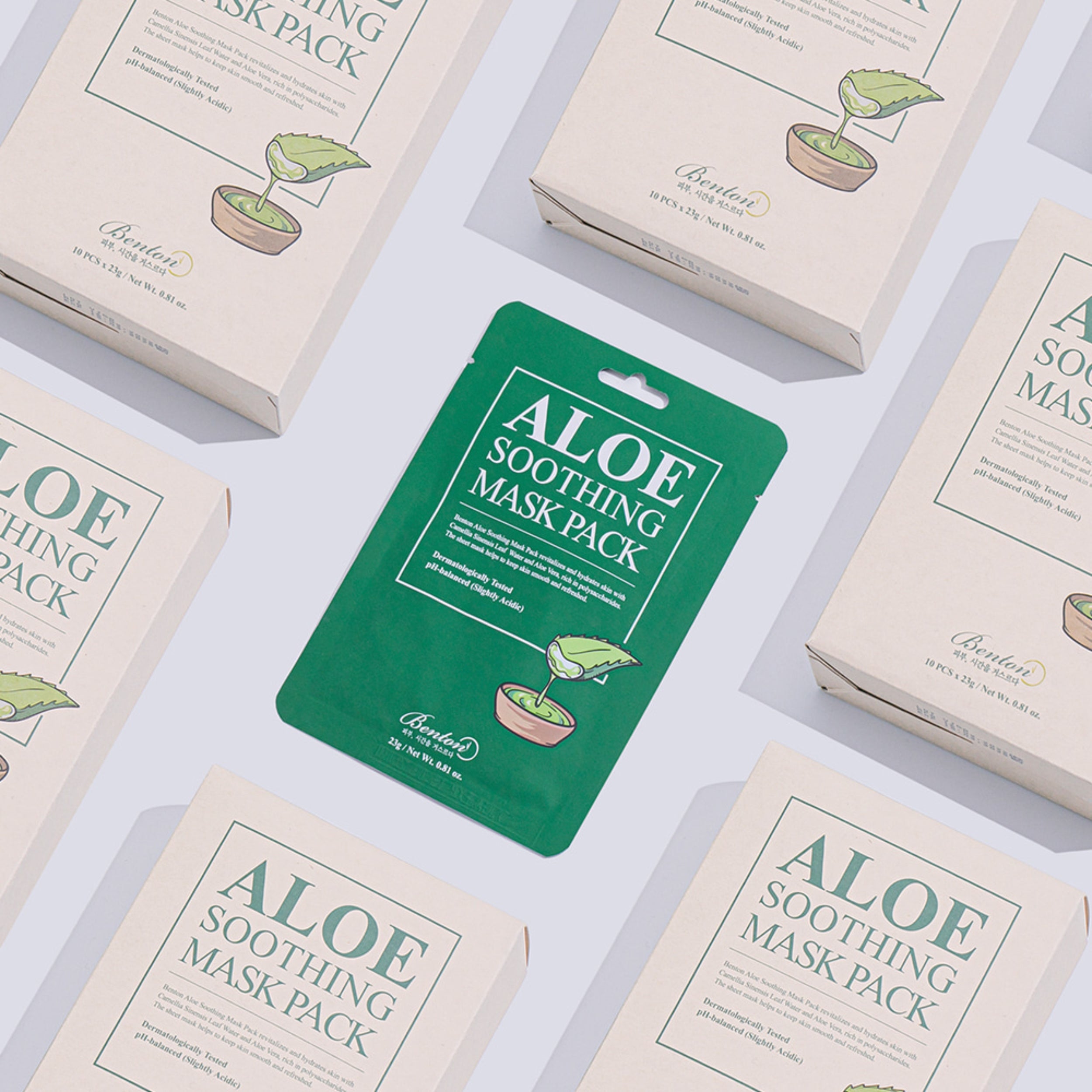 Aloe soothing mask pack with boxes on a light gray background