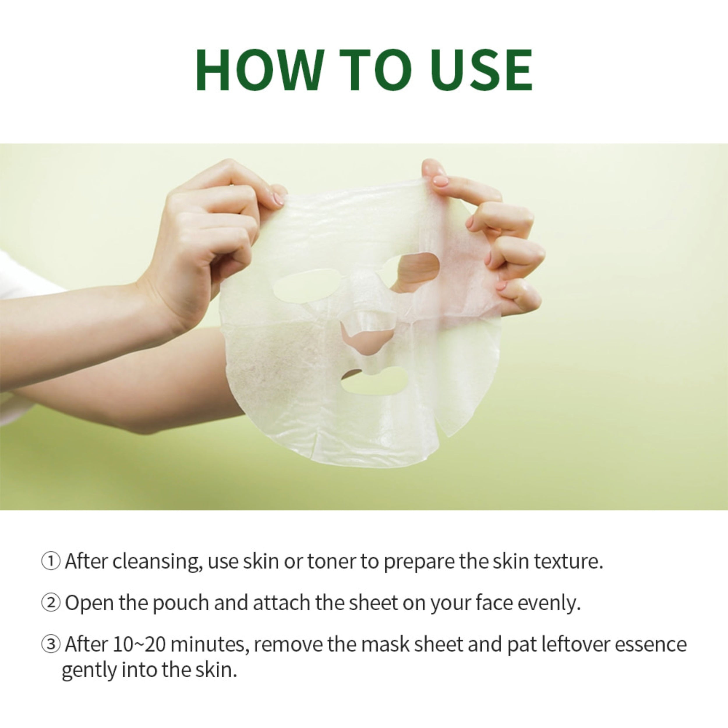 Instructions on how to use a face mask with a hand holding a mask sheet against a light green background.