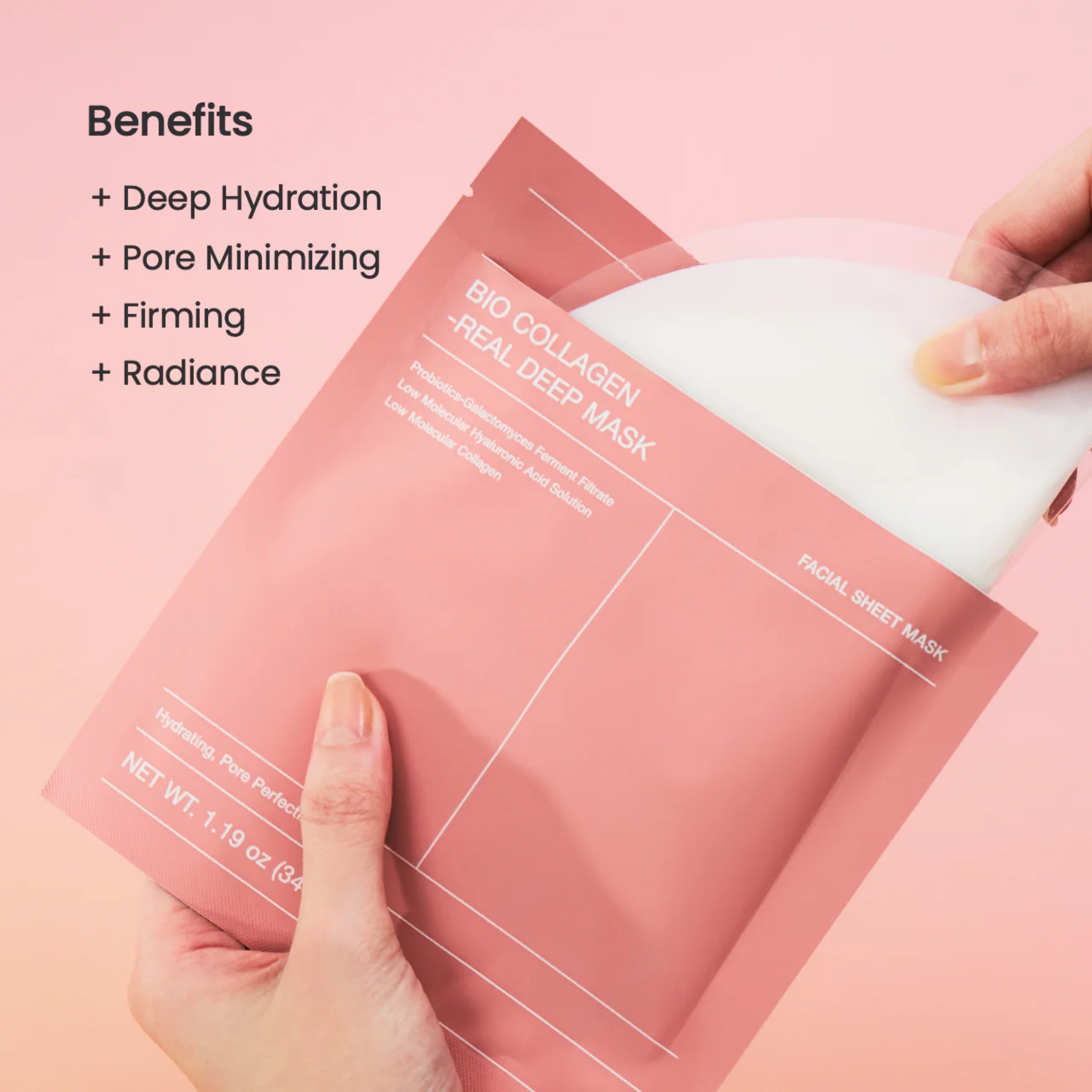 Facial sheet mask with benefits listed on a pink background
