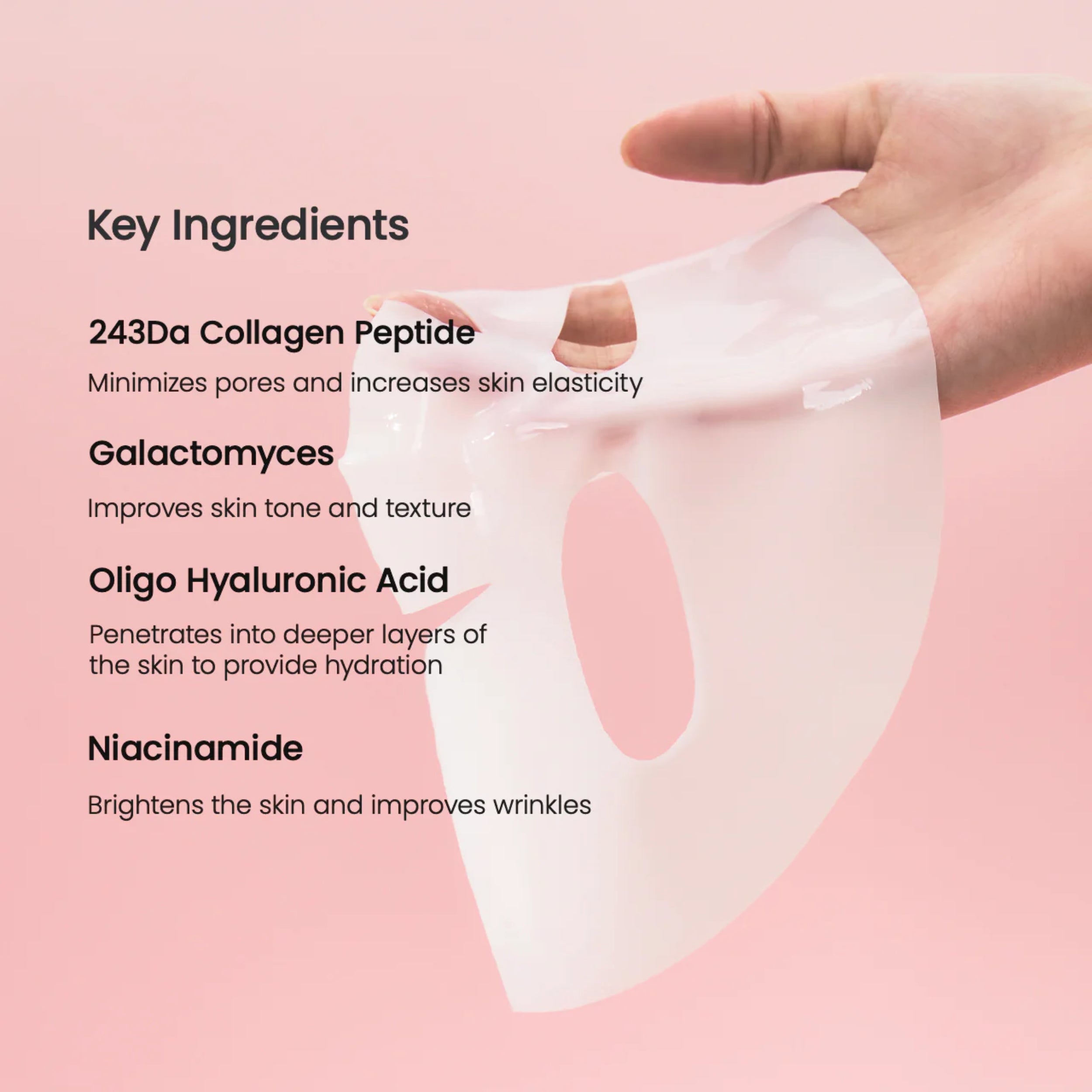 Skin care mask with key ingredients listed on a pink background