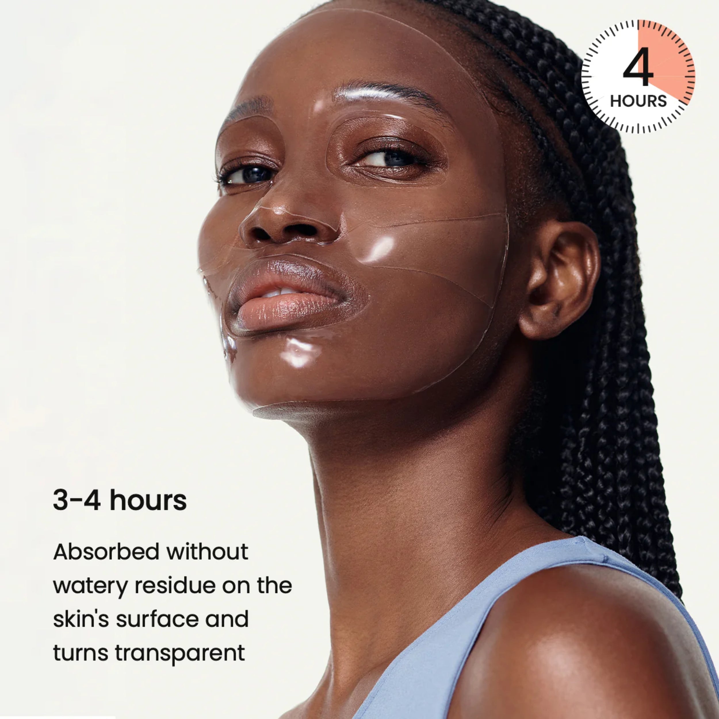 Woman with a skincare product applied to her face, with text indicating absorption time.