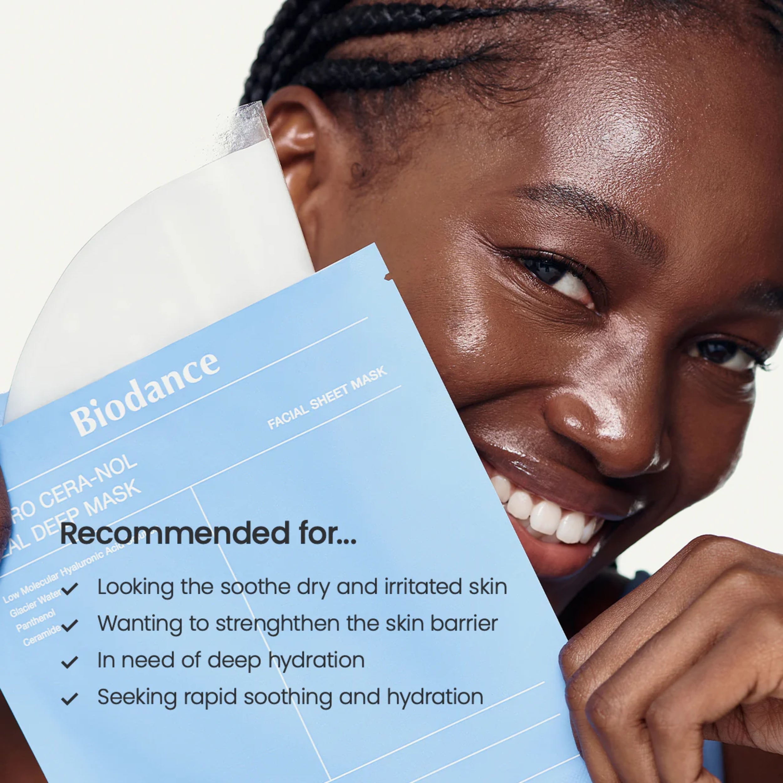 Woman holding a Biodance facial sheet mask with product details.