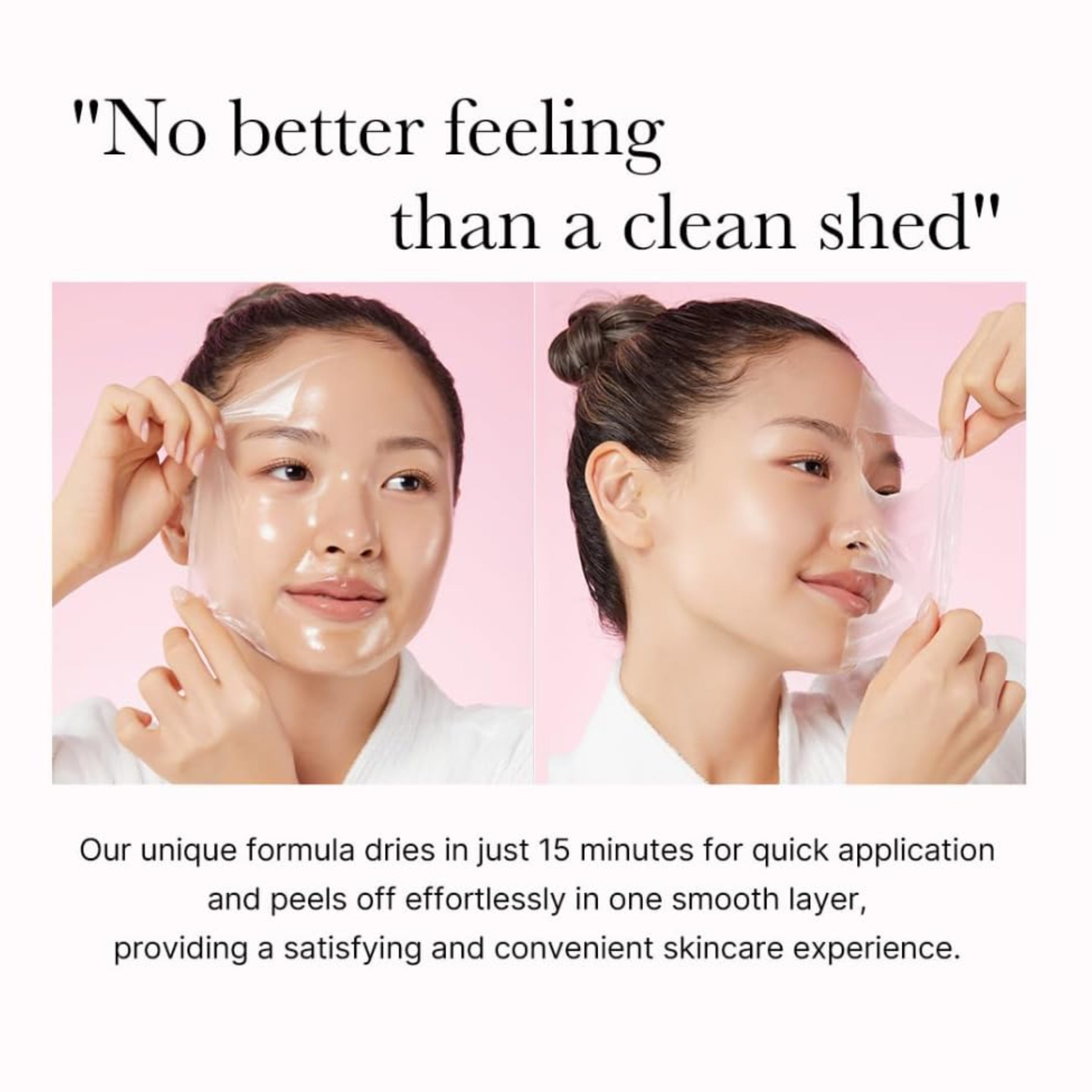 Two women applying a skincare product with text about its quick application and convenient experience.