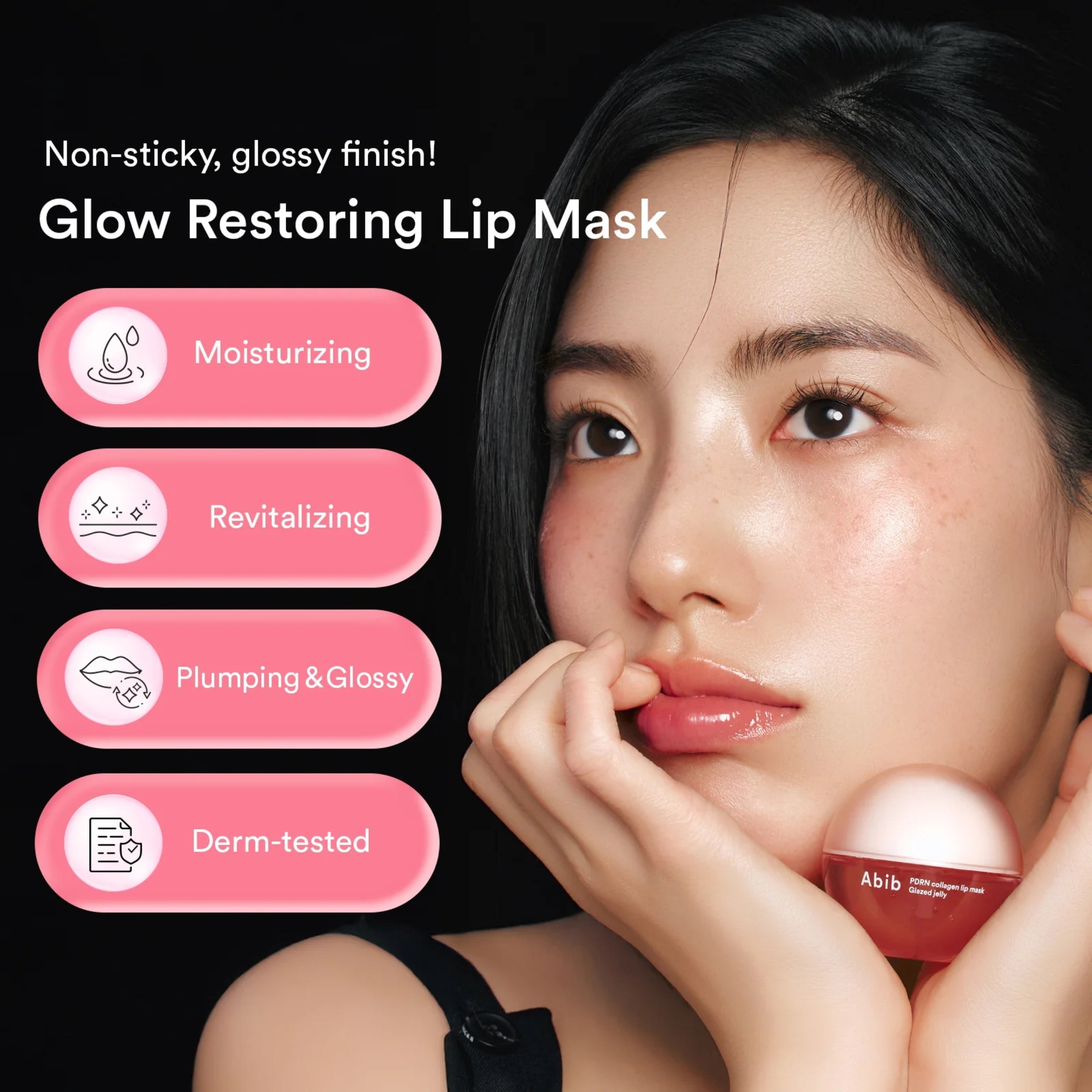 Woman applying a lip mask with product details on a black background
