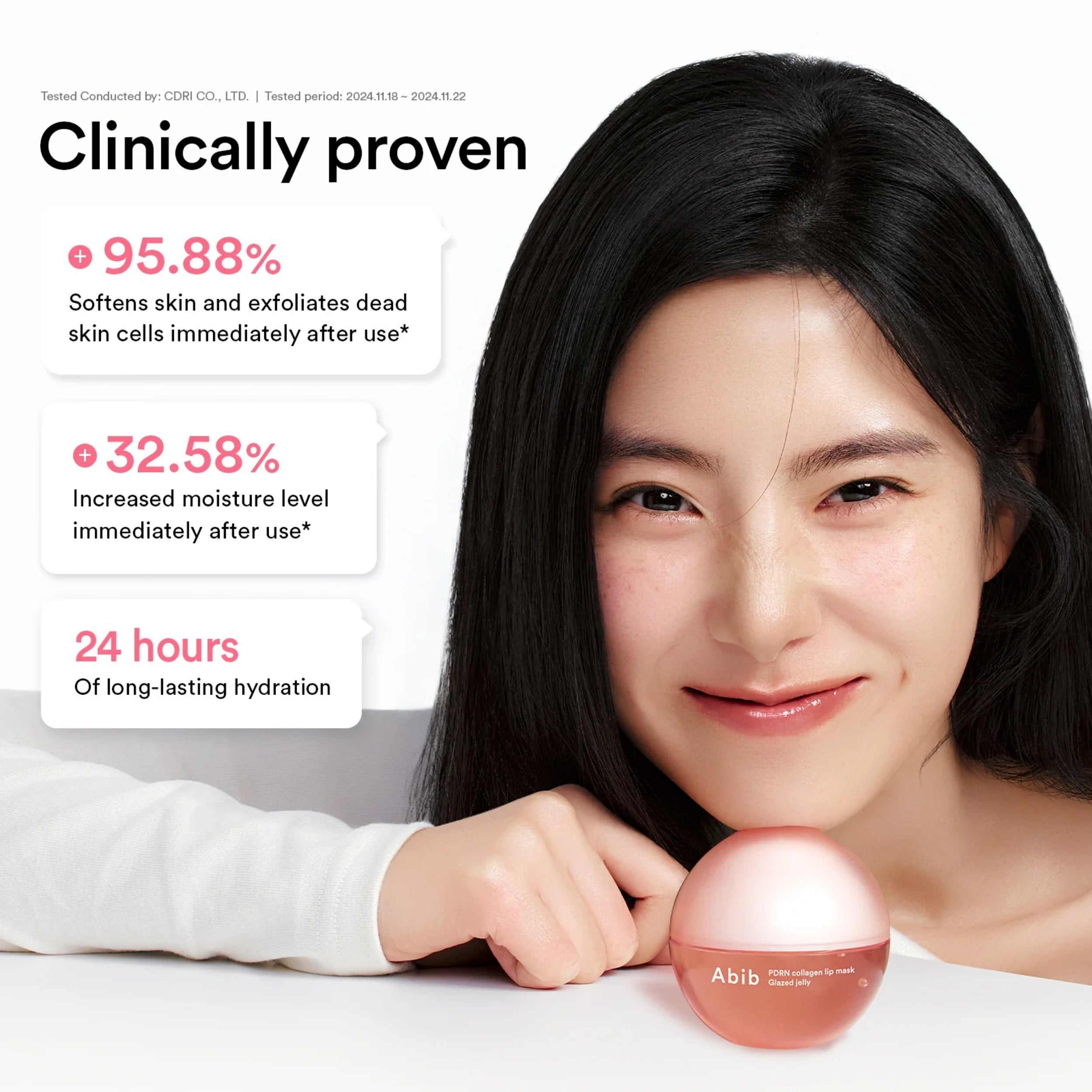 Woman with smooth skin holding a pink skincare product, with clinical benefits displayed on a white background.