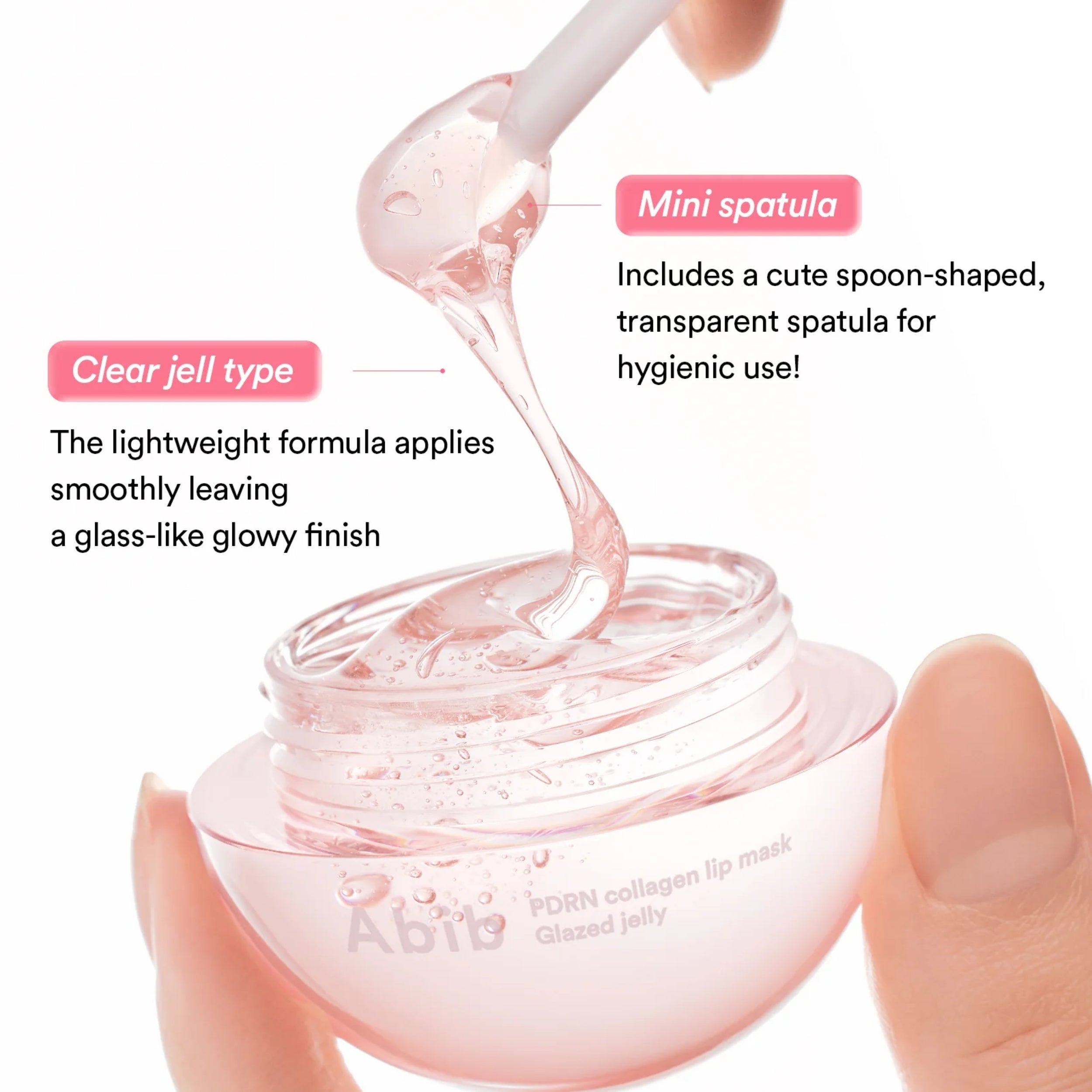 Pink lip mask with a mini spatula and text describing its features