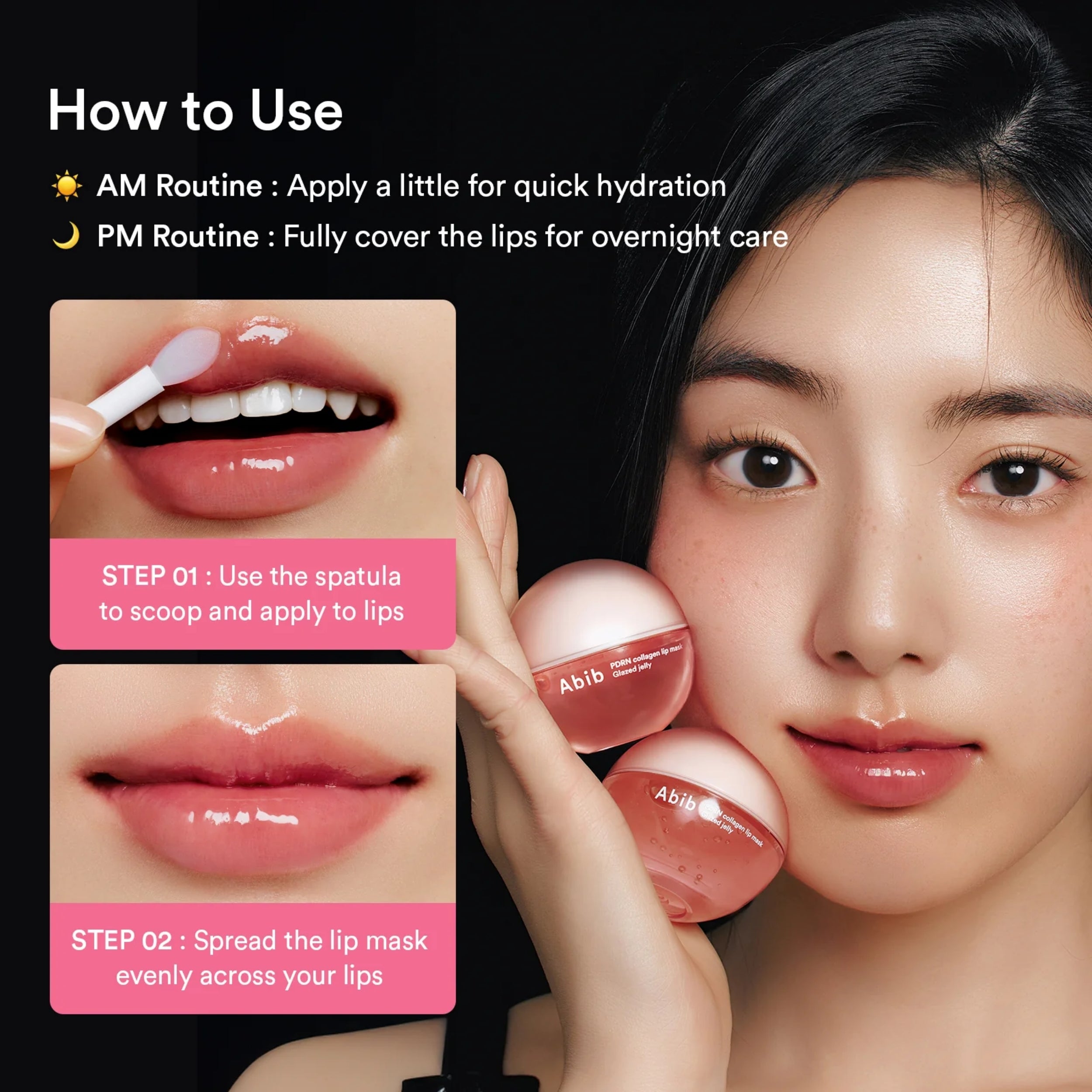 Lip mask product with usage instructions and a model wearing the product.