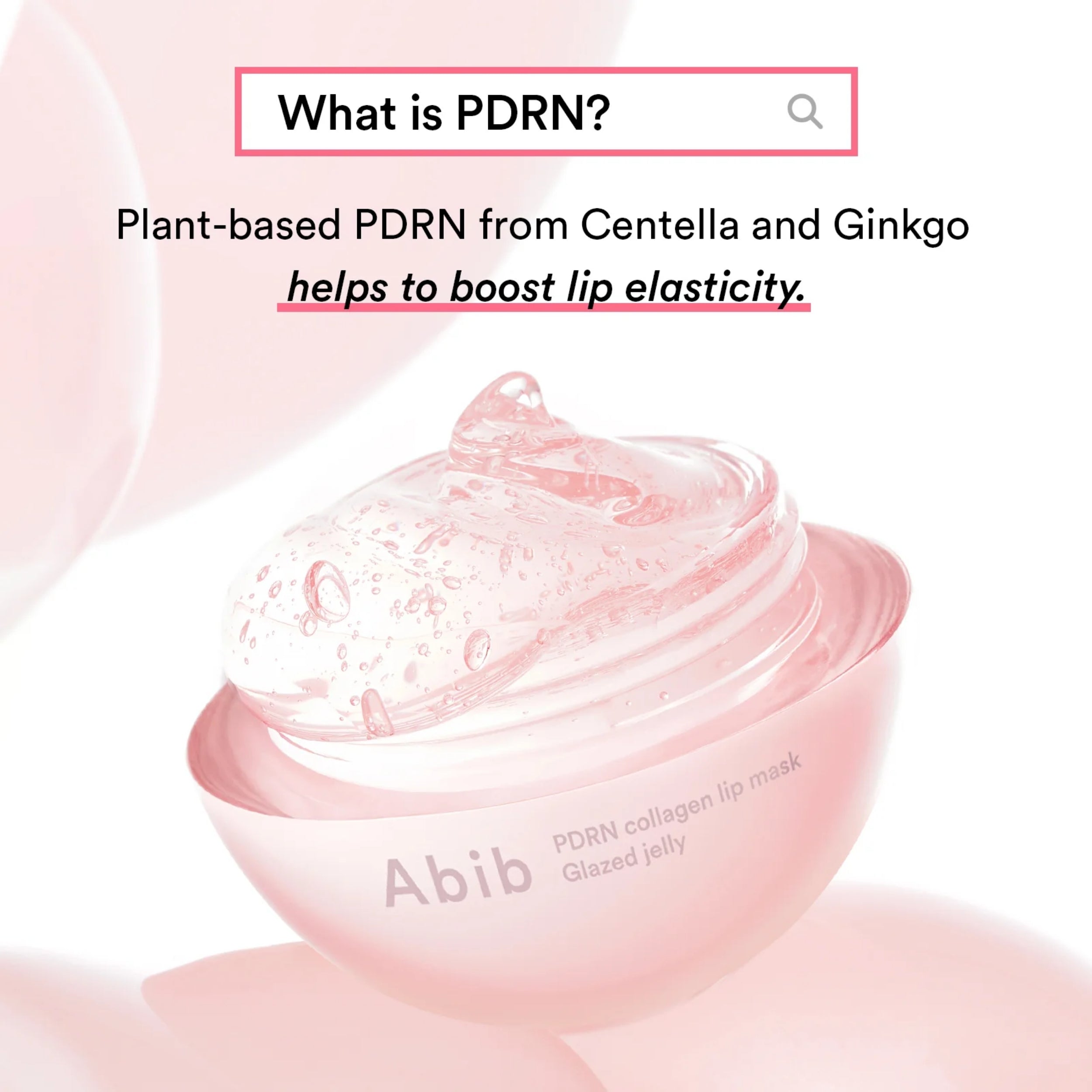 Pink lip mask with text about PDRN and its benefits on a light pink background