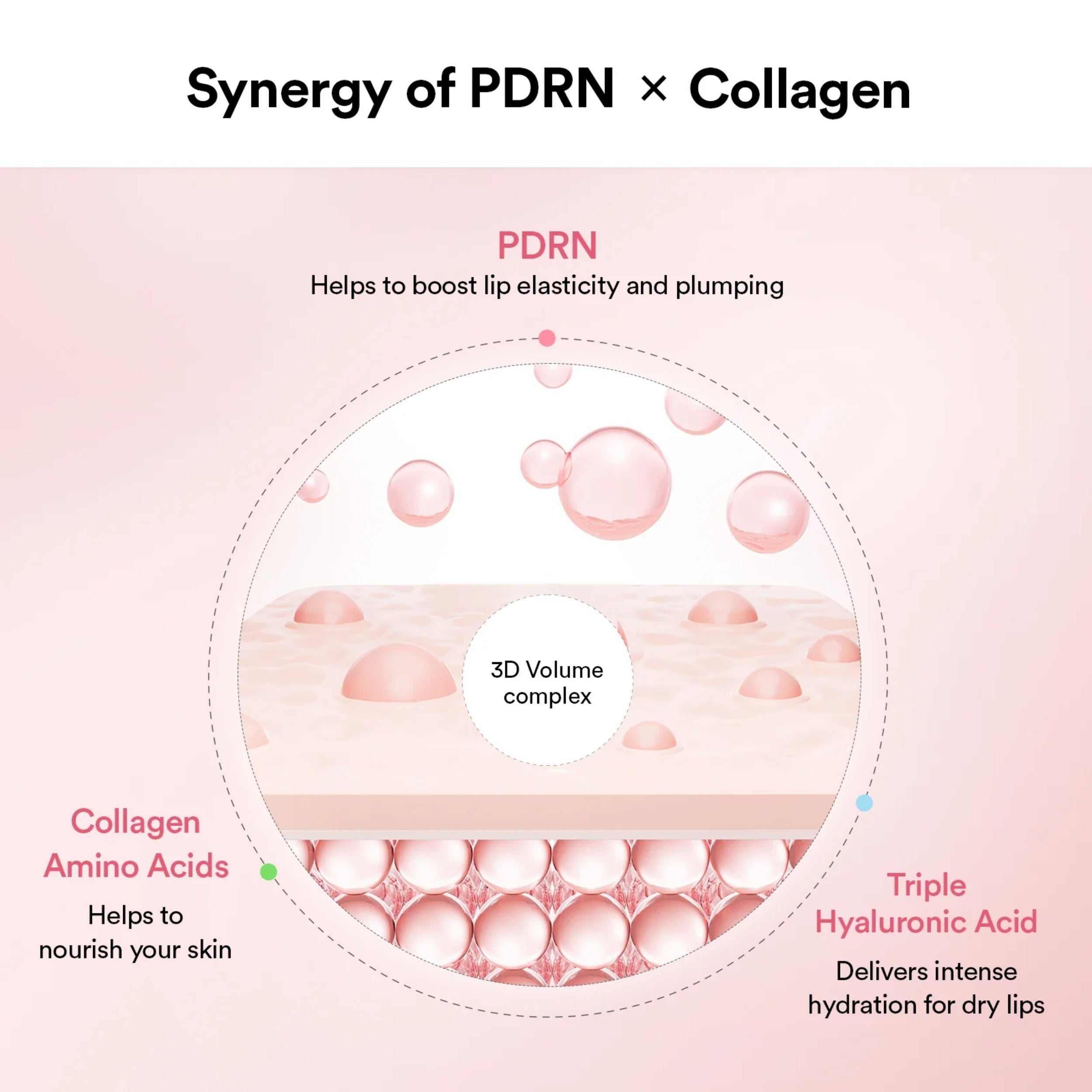 Diagram of PDRN and collagen synergy with text on a pink background